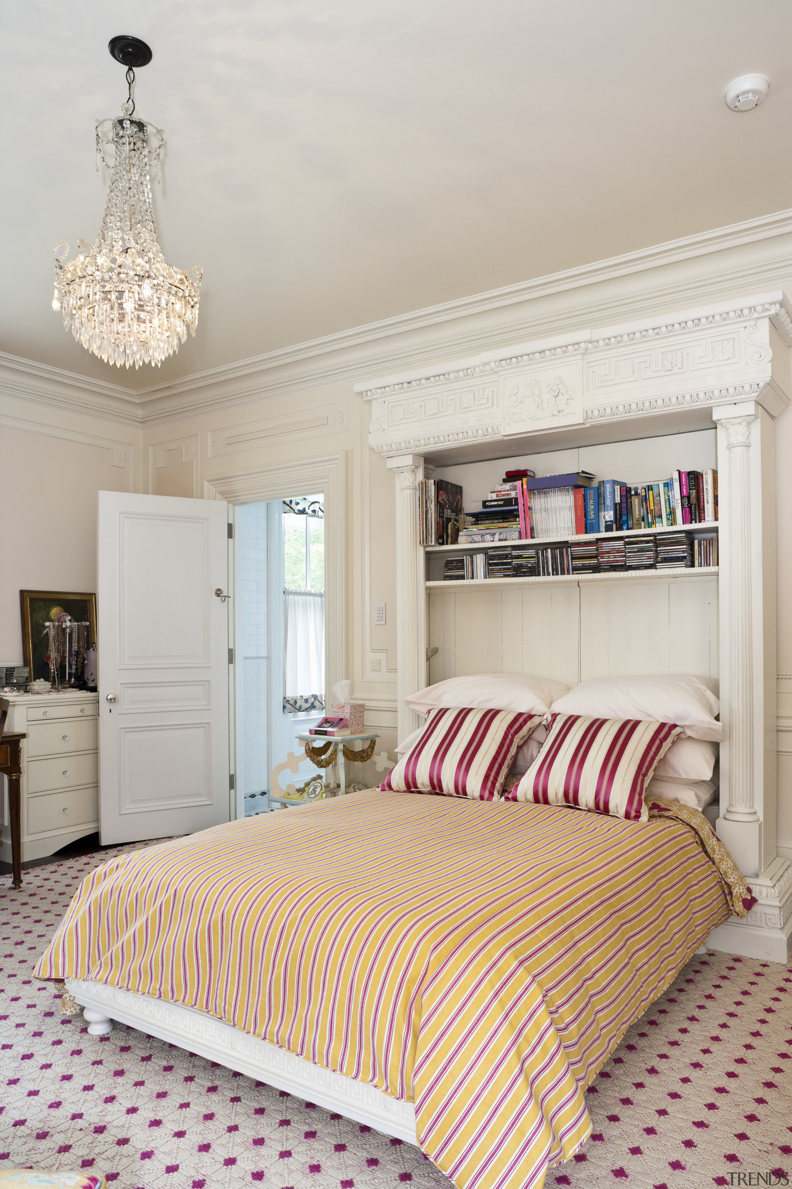 View of bedroom with striped red and white bed, bed frame, bed sheet, bedding, bedroom, ceiling, floor, furniture, home, interior design, mattress, room, wall, gray