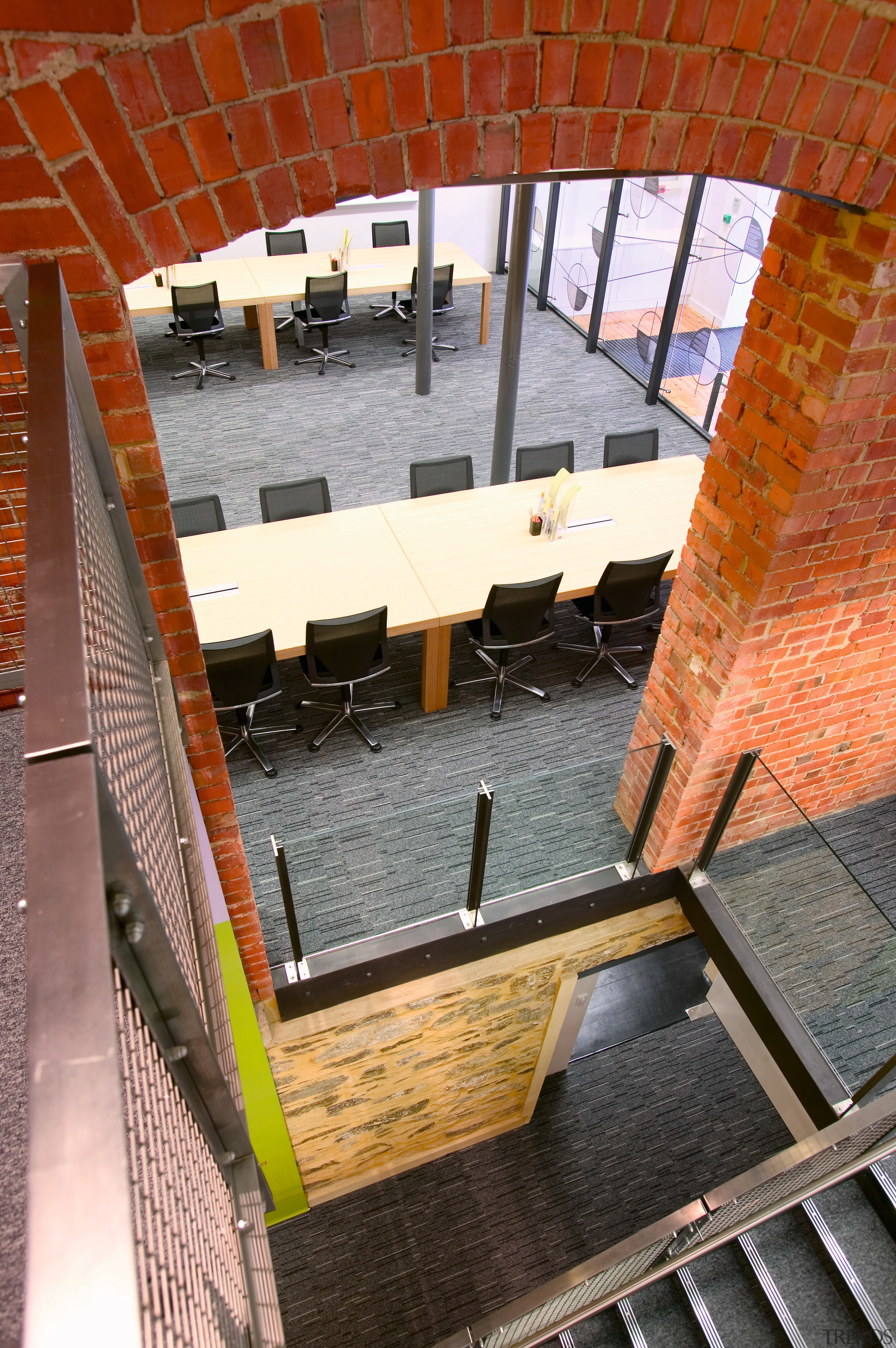 view from the stairwell that stands proud from architecture, brick, building, daylighting, facade, roof, structure, wood