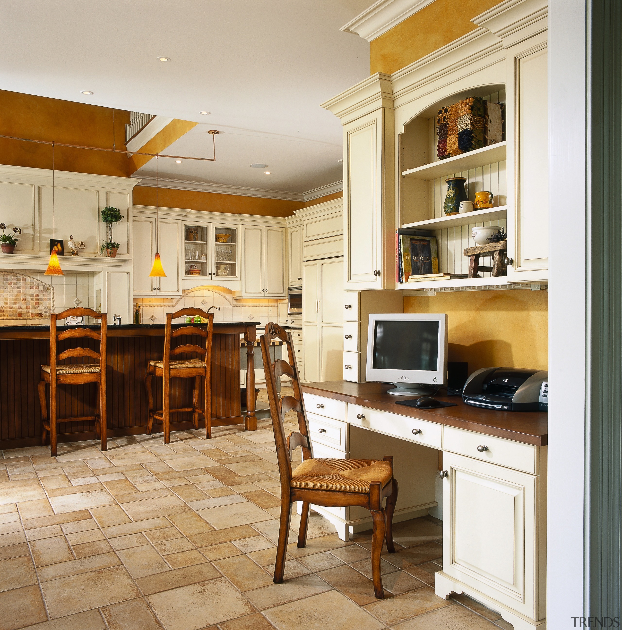 View of the desk - View of the cabinetry, countertop, cuisine classique, floor, flooring, furniture, hardwood, interior design, kitchen, living room, real estate, room, wood flooring, white, brown