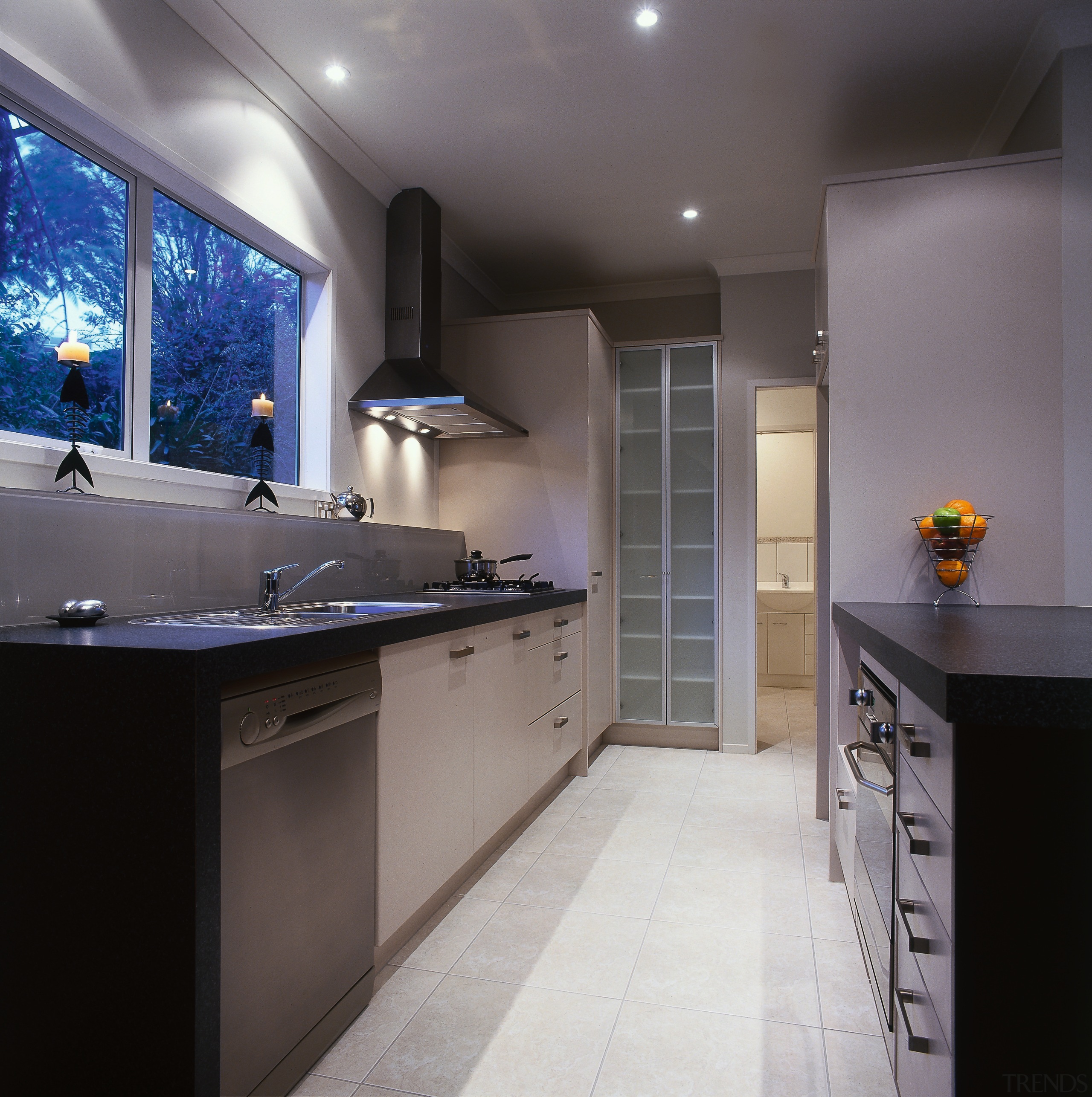 A vie wof a kitchen with various stainless cabinetry, ceiling, countertop, interior design, kitchen, room, gray, black