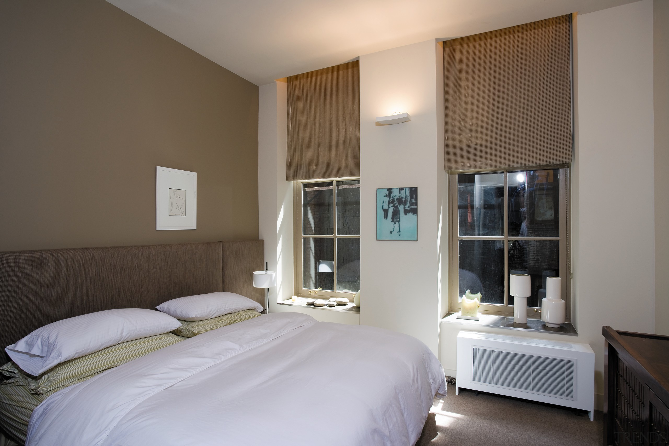 A view of the master bedroom, borwn and bed frame, bedroom, ceiling, home, interior design, property, real estate, room, suite, wall, window, window covering, window treatment, gray