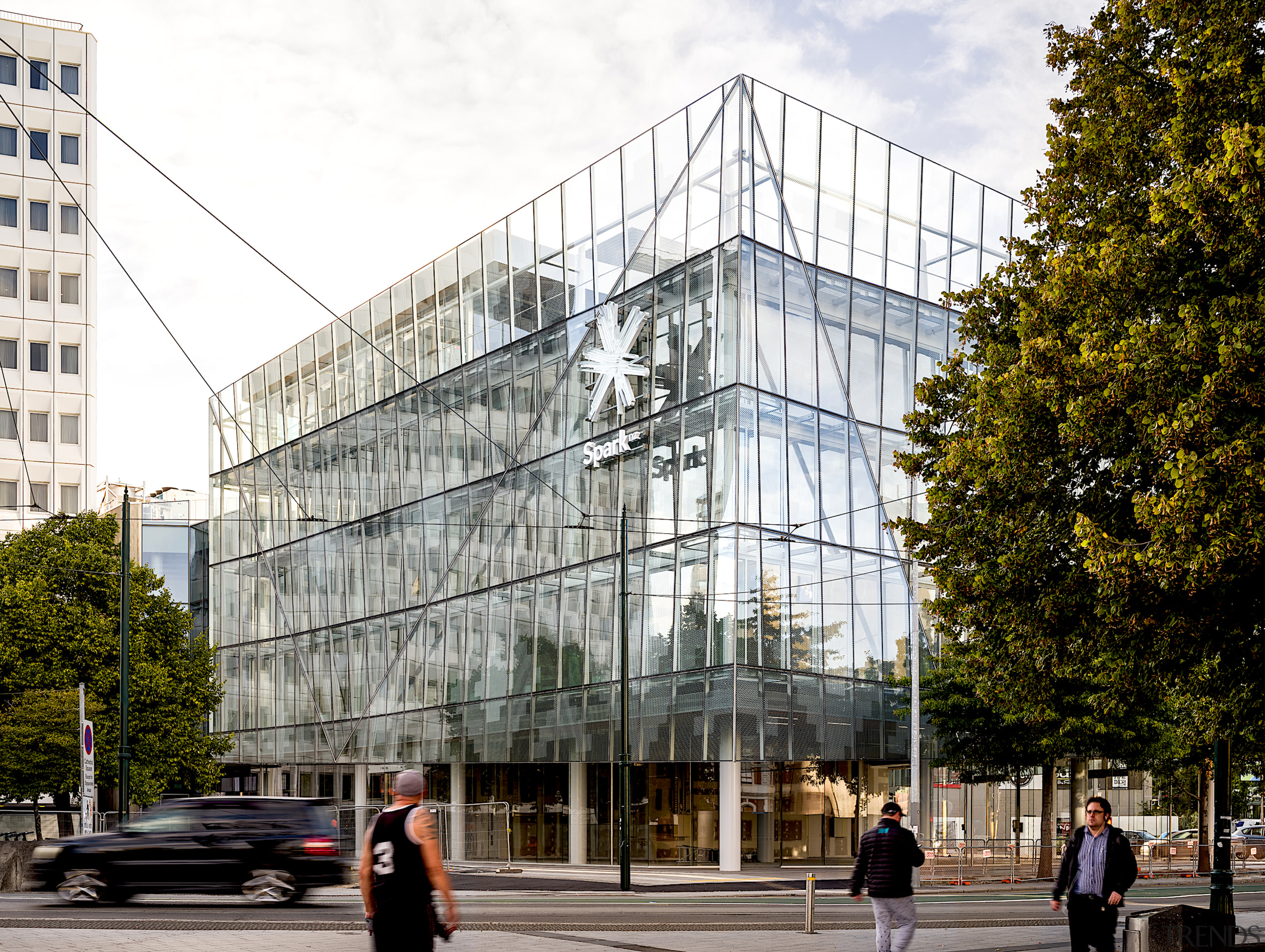 The Spark building has a double glass facade, 