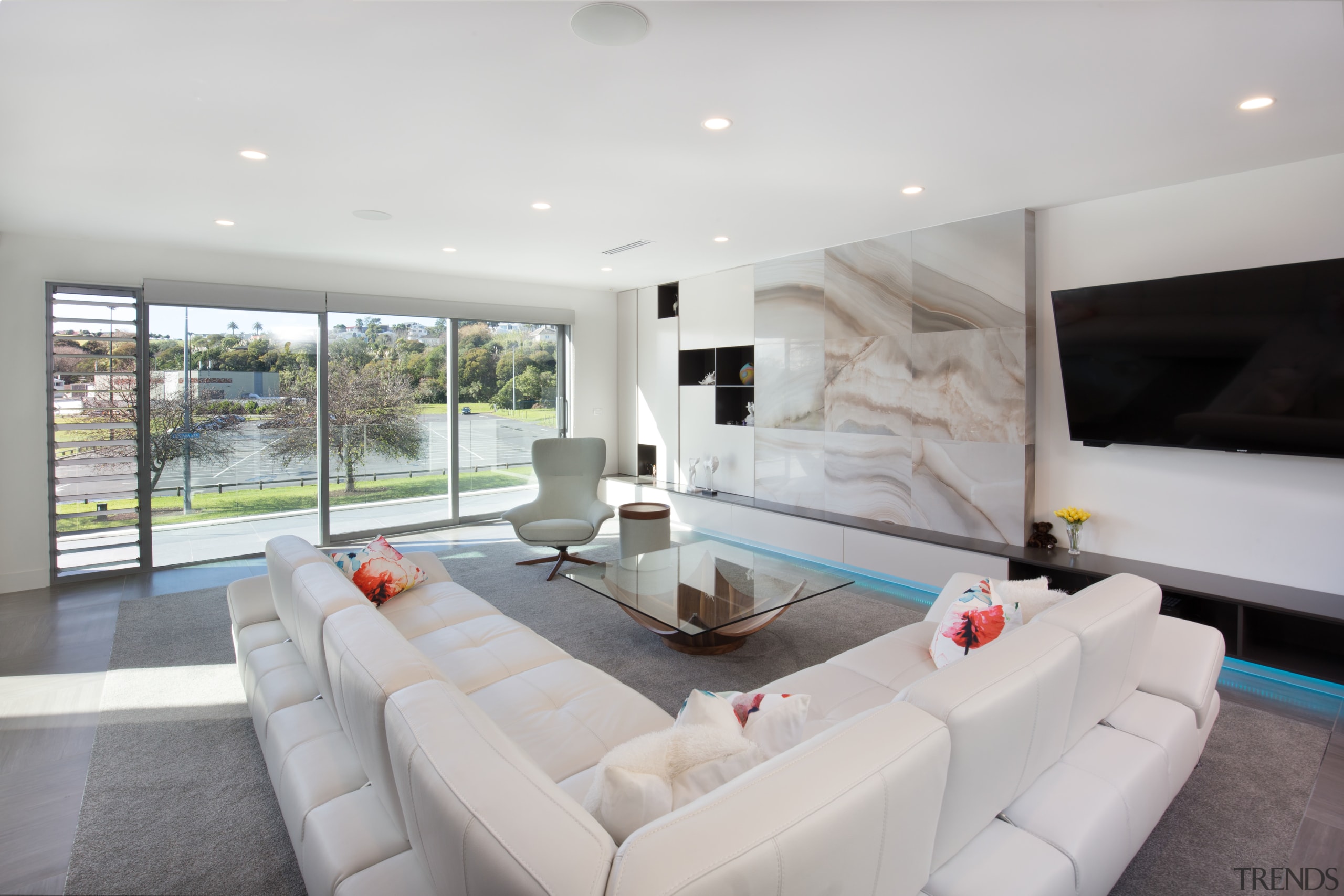 This upmarket home by DreamHome Group offers large, architecture, estate, house, interior design, living room, property, real estate, gray