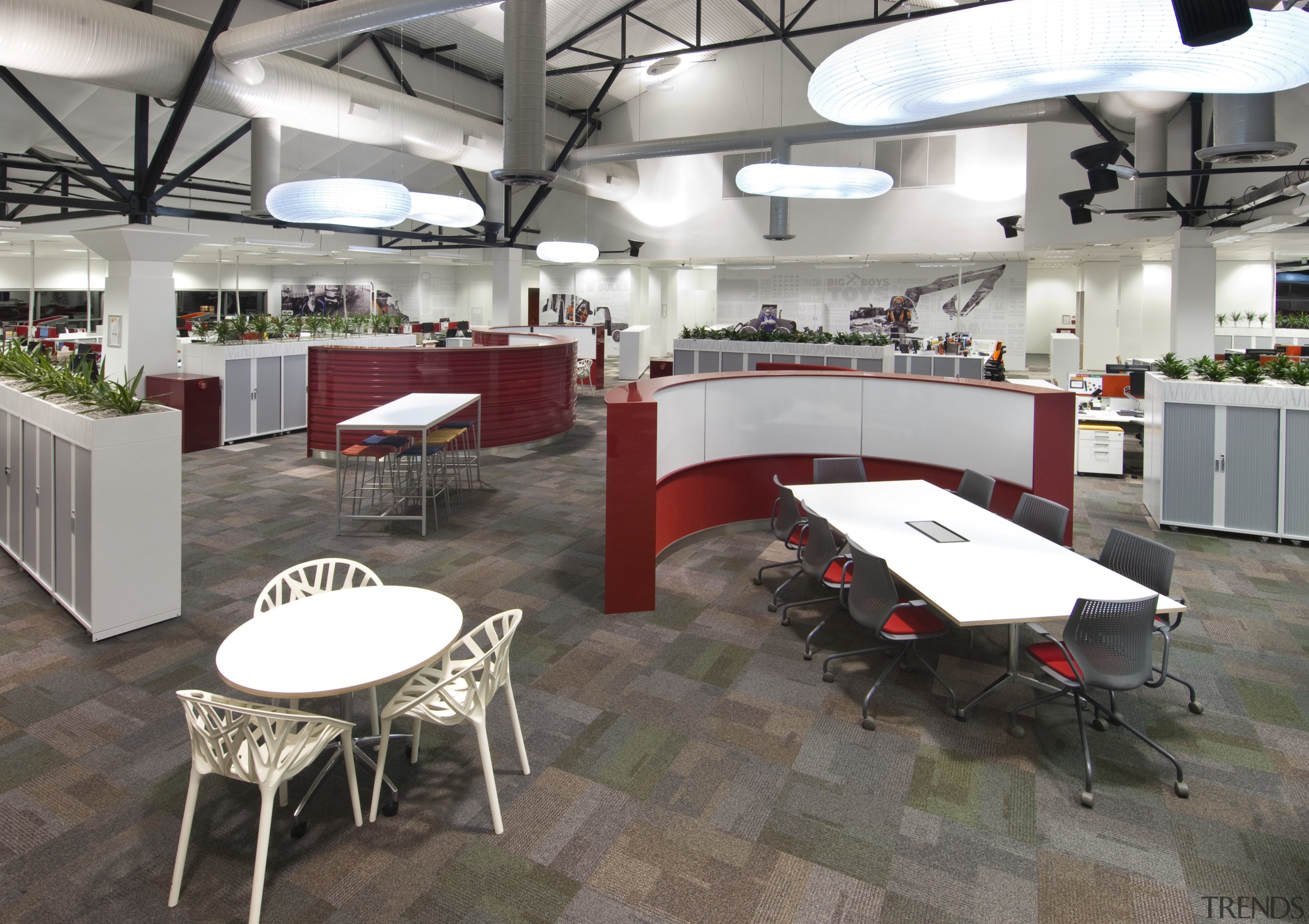 View of meeting areas divided by red walls. furniture, interior design, table, gray, white