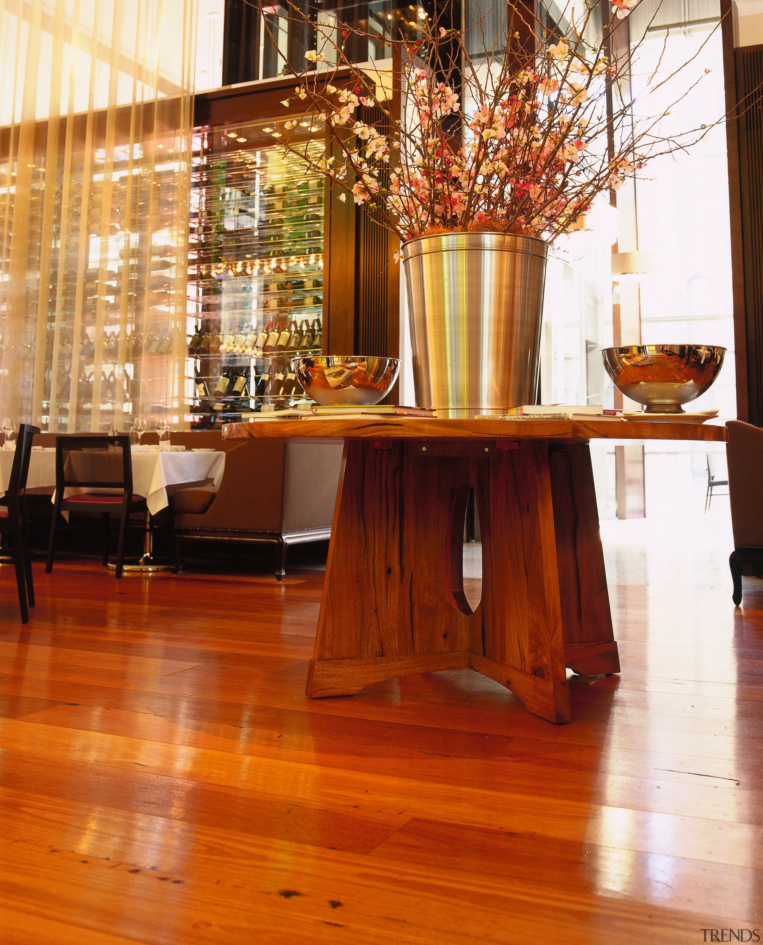 View of restaurant dining room with recycled timber dining room, floor, flooring, furniture, hardwood, interior design, table, wood, wood flooring, red