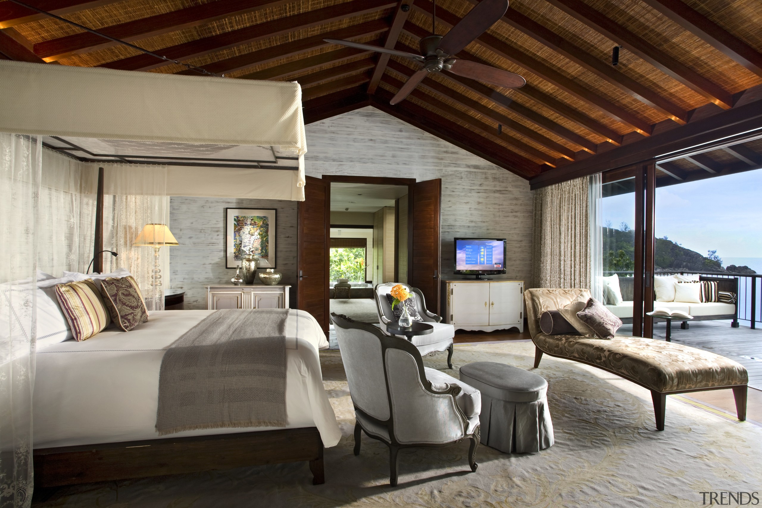 View of Four Seasons Seychelles high-end resort - ceiling, estate, interior design, living room, real estate, room, suite, gray, red