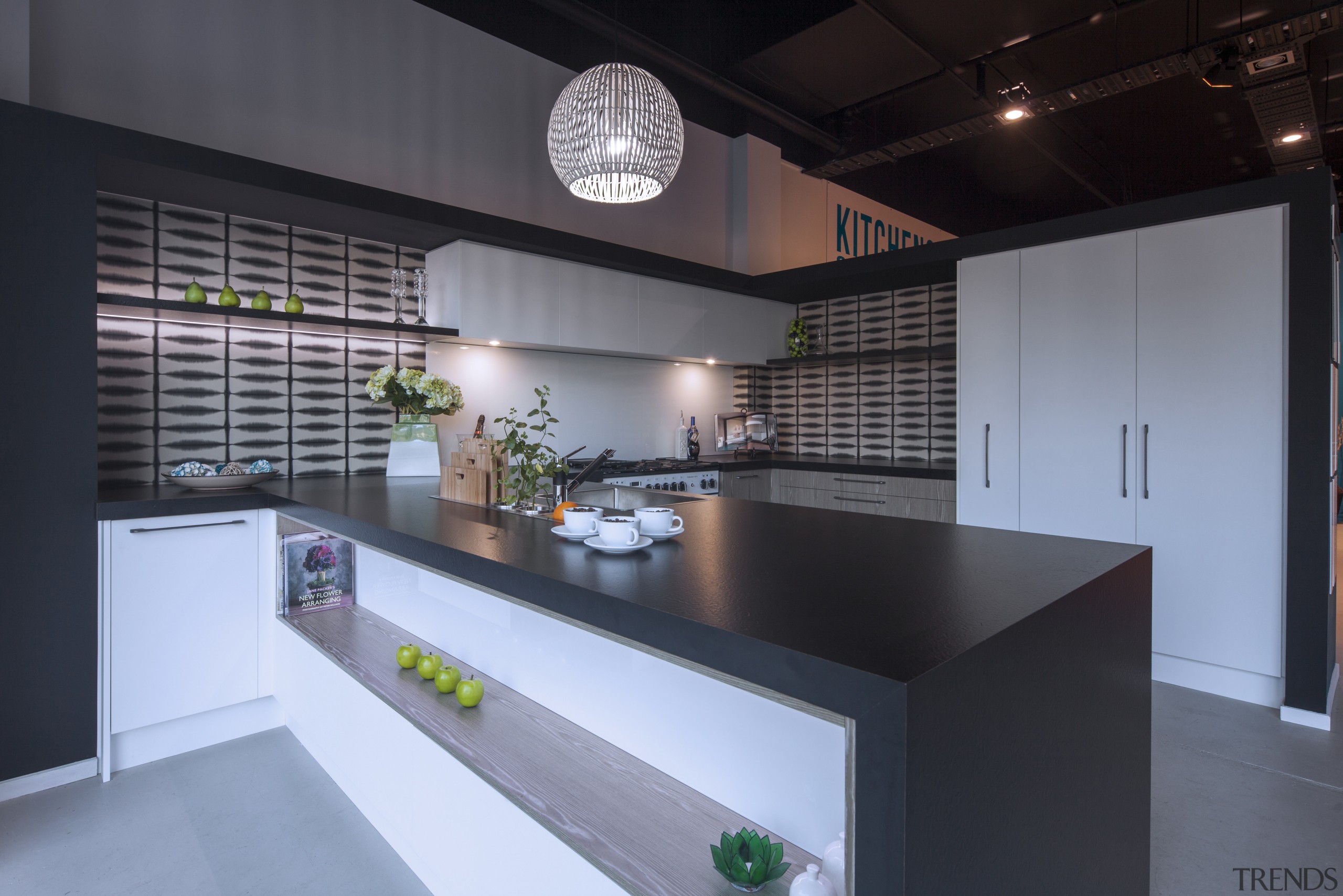 Modern black and white kitchen with grey-toned wood architecture, countertop, interior design, kitchen, black, gray