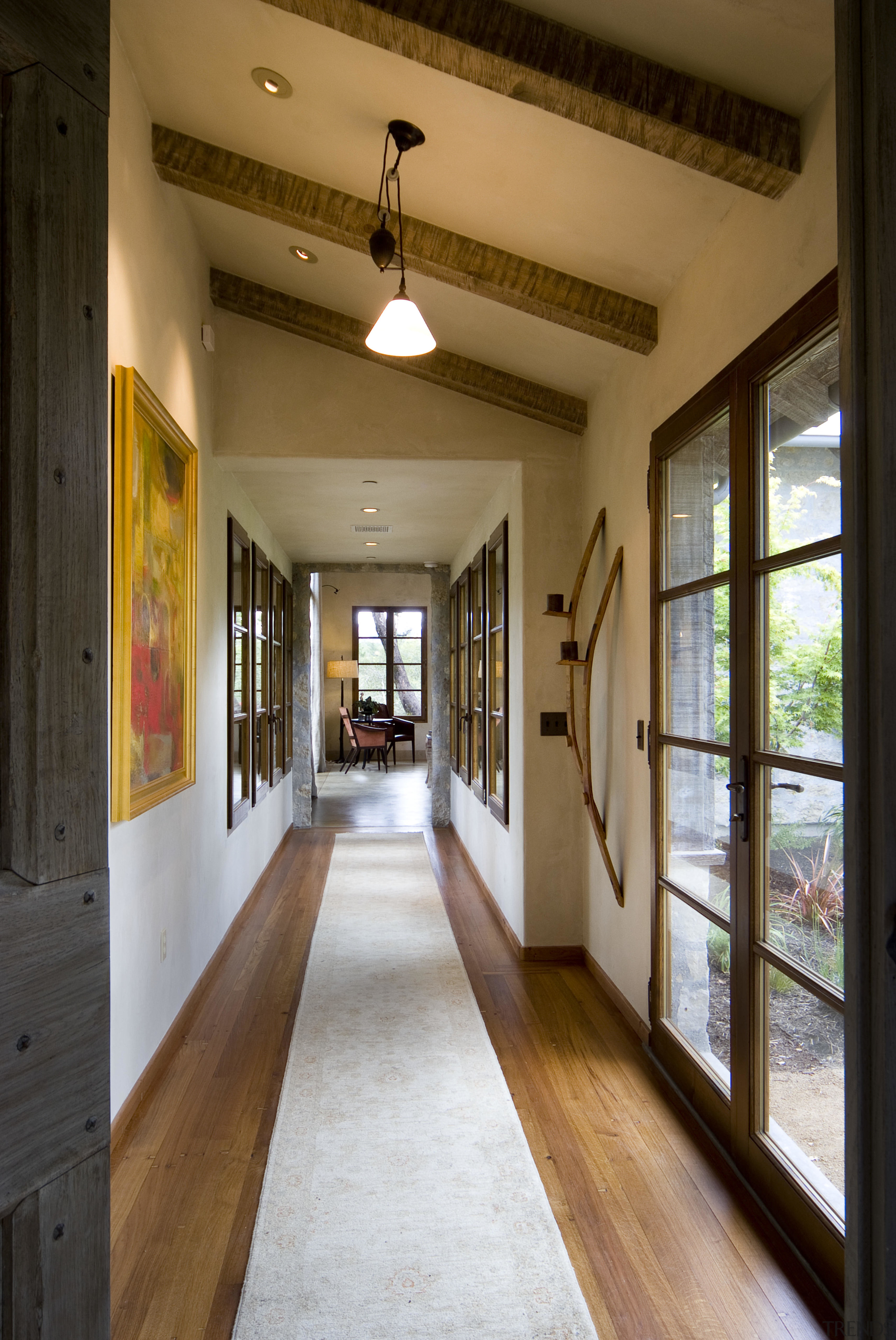 Rustic house modelled on French barn. Interiors feature ceiling, estate, floor, flooring, home, house, interior design, real estate, window, brown