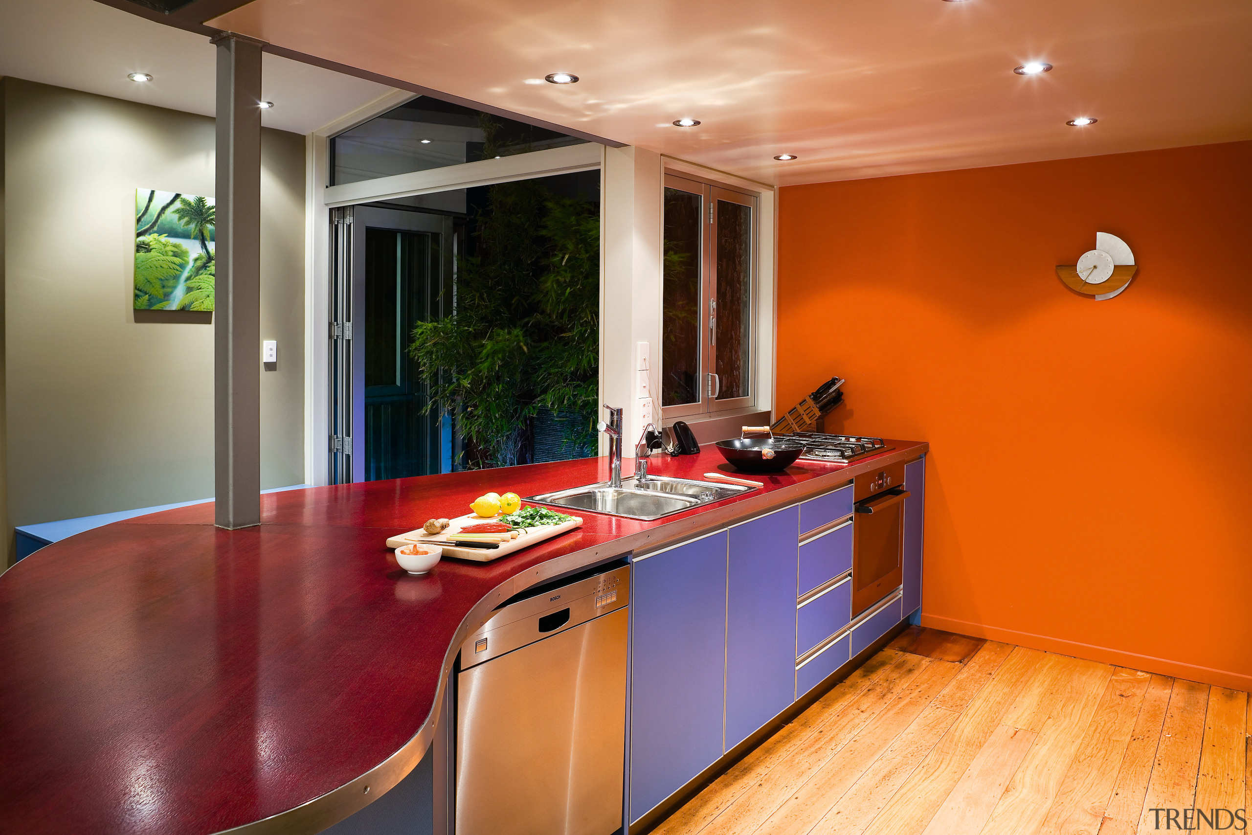 A view of this renovated ktichen featuring polished countertop, floor, interior design, kitchen, real estate, room, brown