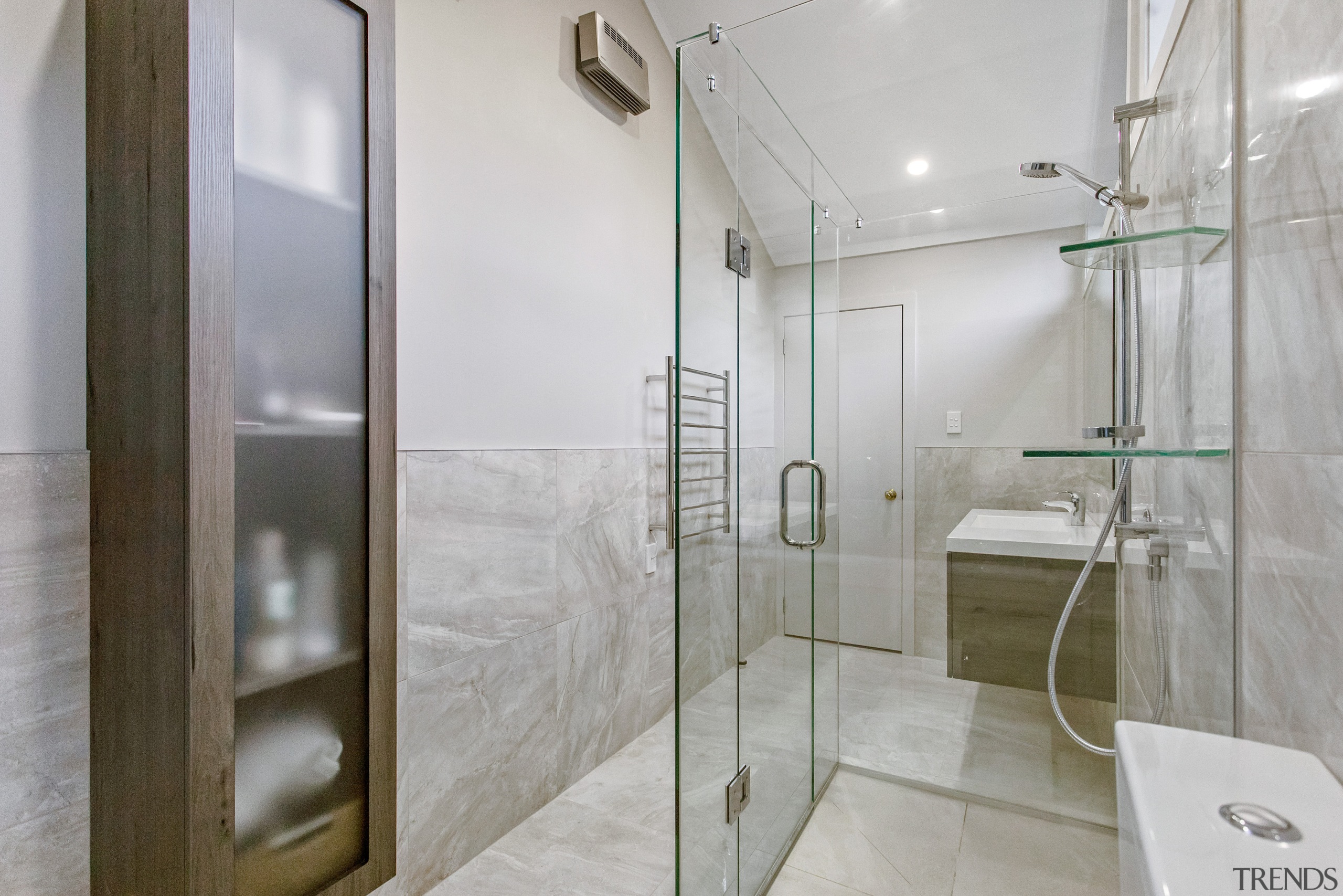 Practical and decorative, the wall-hung translucent glass and architecture, bathroom, building, door, floor, glass, house, interior design, plumbing fixture, property, real estate, room, shower, shower door, tile, gray