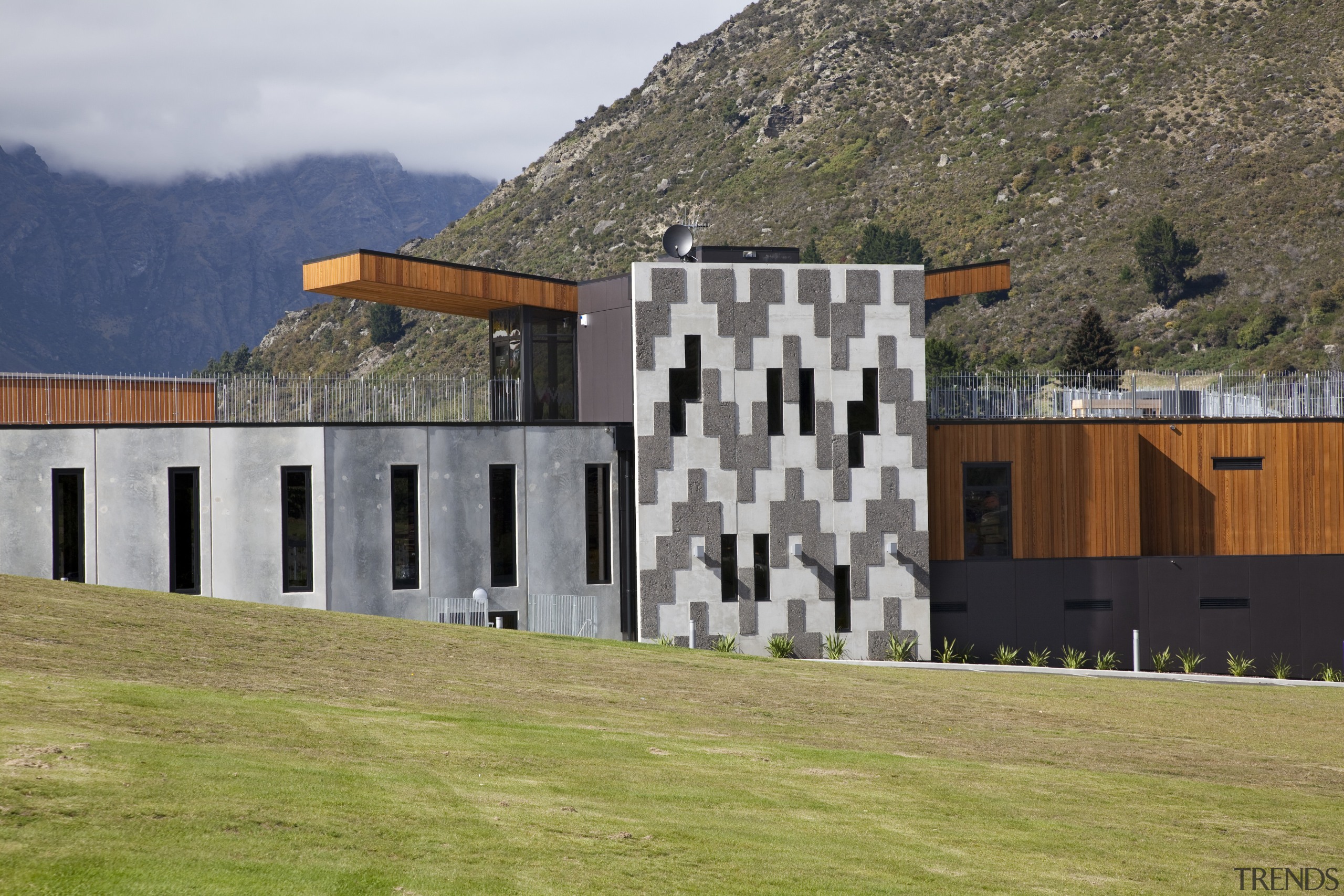 View of Remarkables Primary School in Queenstown. - architecture, building, elevation, facade, home, house, property, real estate, sky, gray