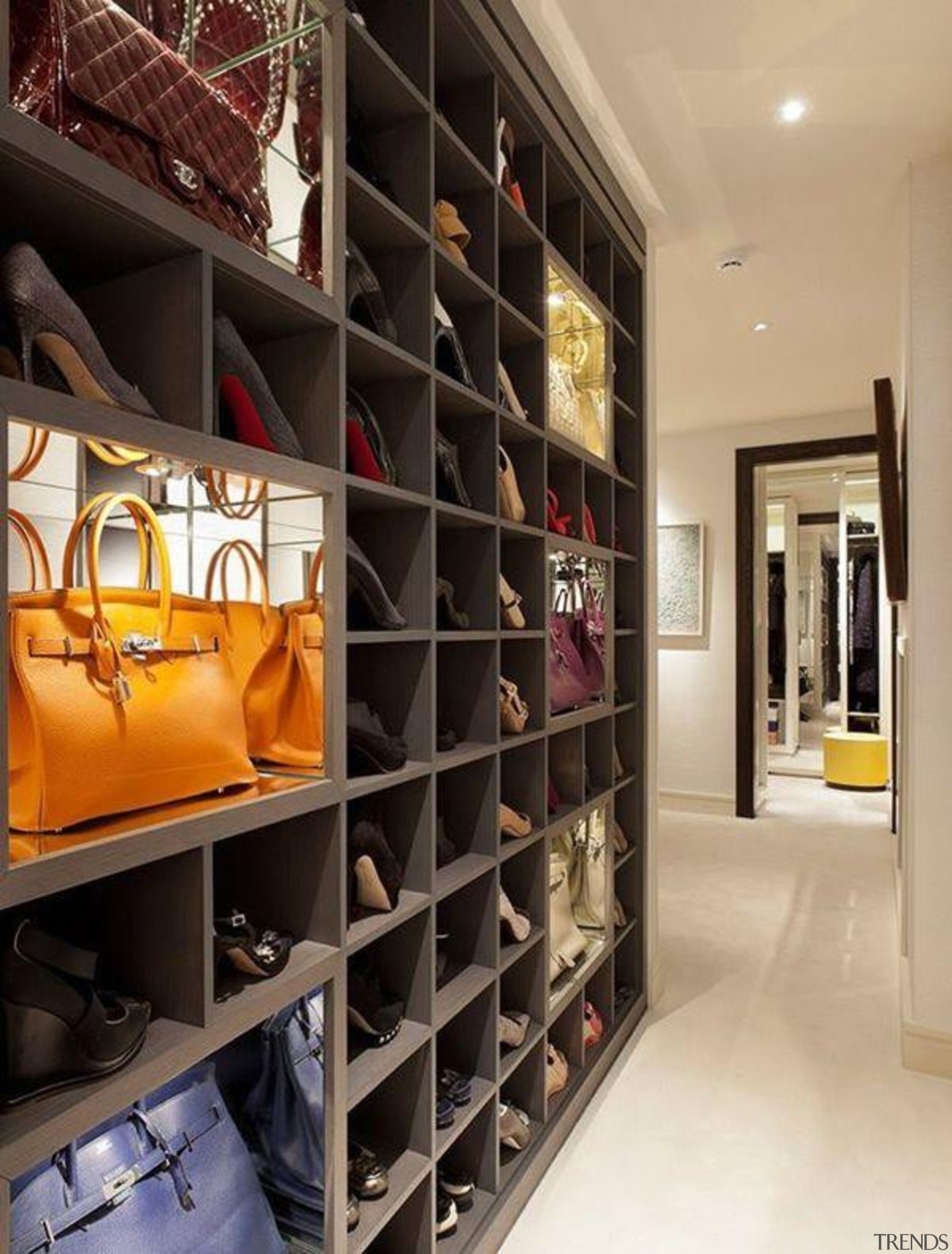 WALK IN CLOSET - Closet - walk in bookcase, boutique, closet, furniture, interior design, room, shelf, shelving, orange, black
