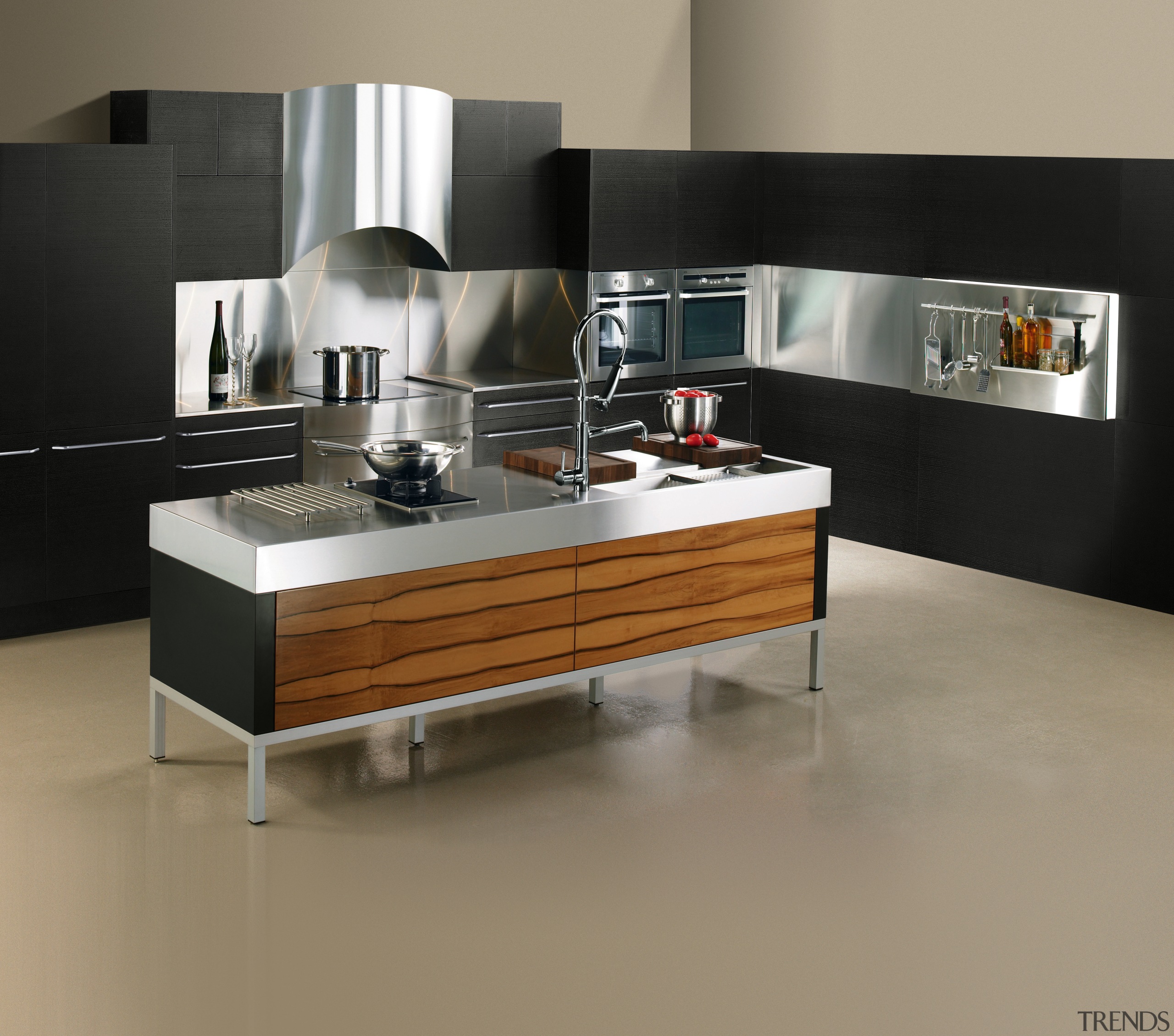 Modern kitchen with apple veneer cabinetry on island, countertop, floor, furniture, interior design, kitchen, product design, table, gray, black