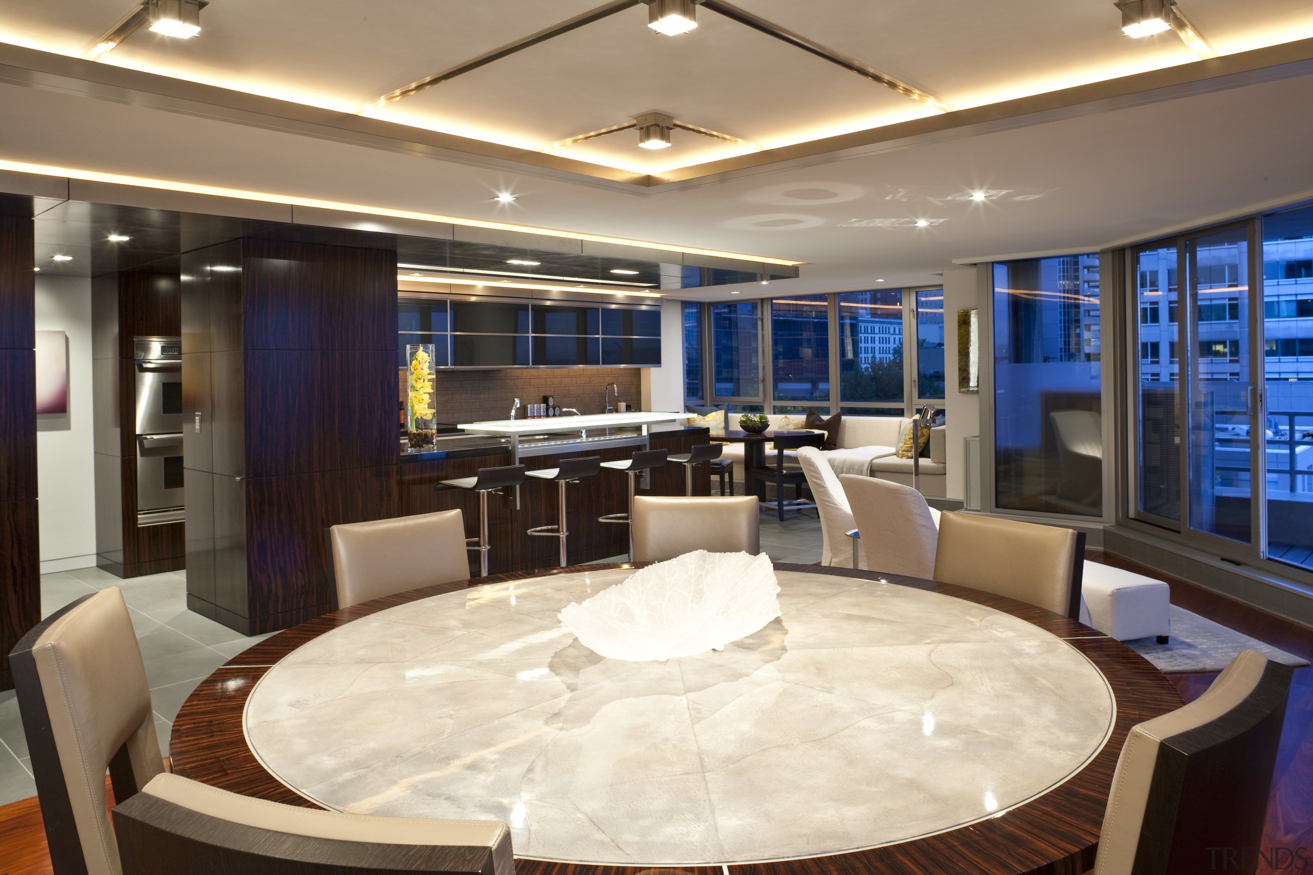 View of dining table featuring goat skin top, deck, interior design, yacht