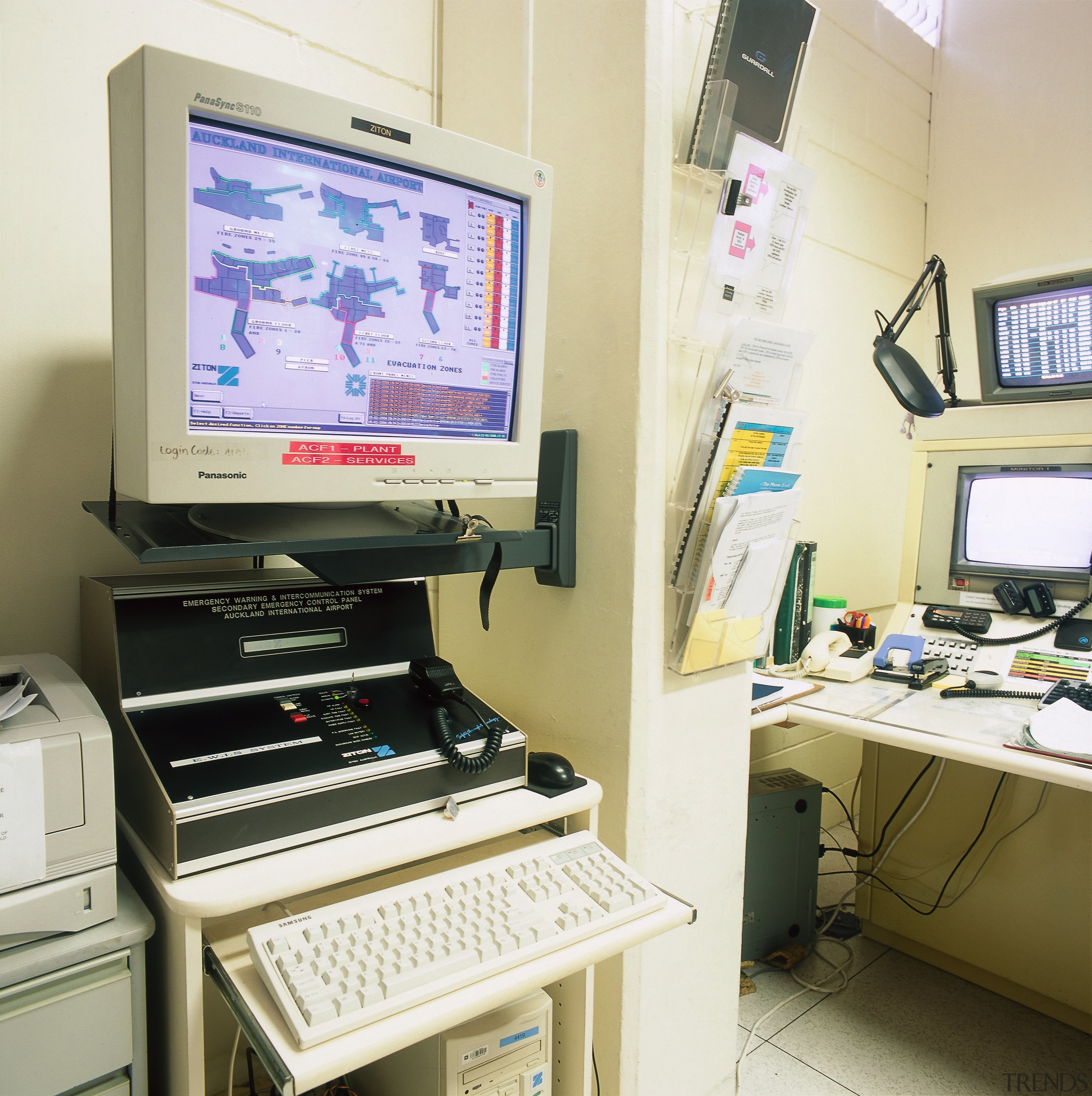 Computer screen showing fire alarm system. - Computer clinic, desk, desktop computer, display device, furniture, hospital, office, personal computer, service, white