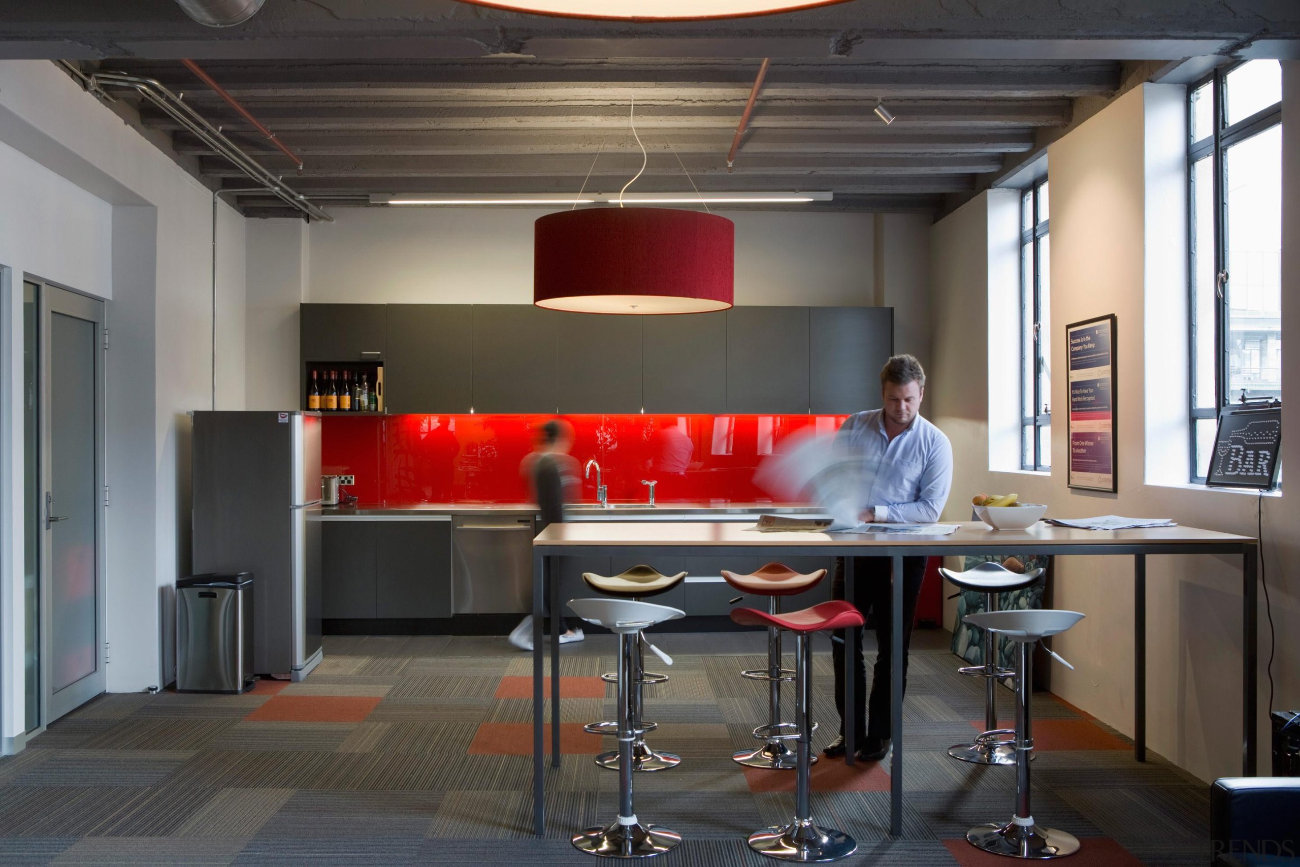 Red accents in the splashback, light shades, carpet furniture, interior design, office, table, black, gray