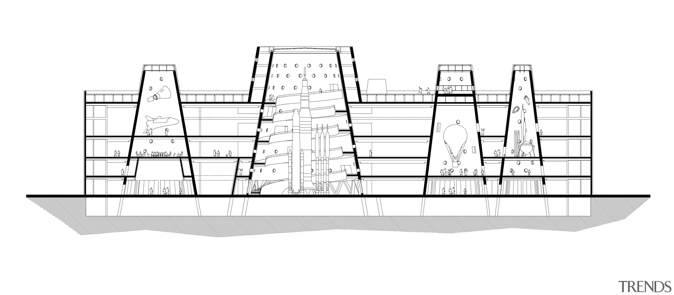 Tianjin Exploratorium – long section - Tianjin Exploratorium architecture, diagram, drawing, line art, white