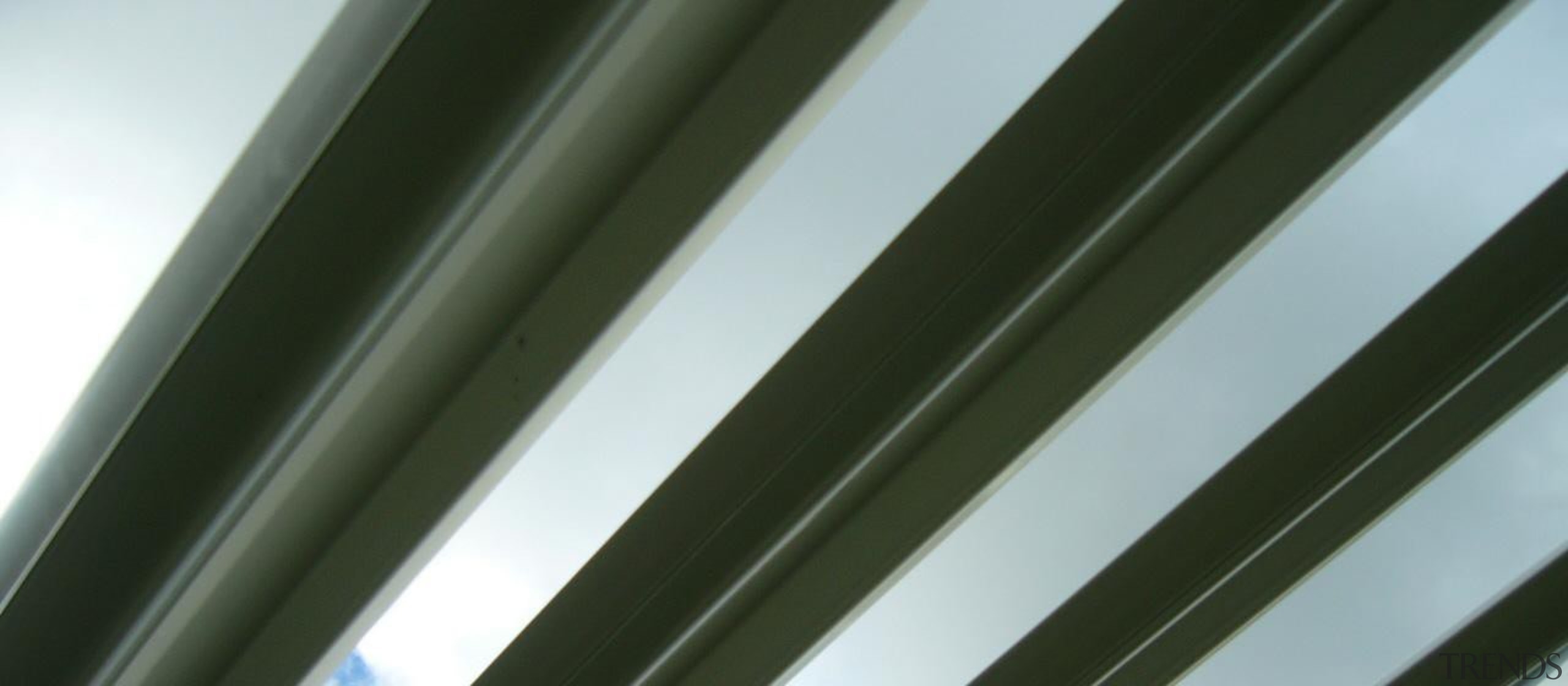 The beautiful 200mm Louvre Blades in an open angle, daylighting, light, line, material, metal, sky, structure, gray, brown