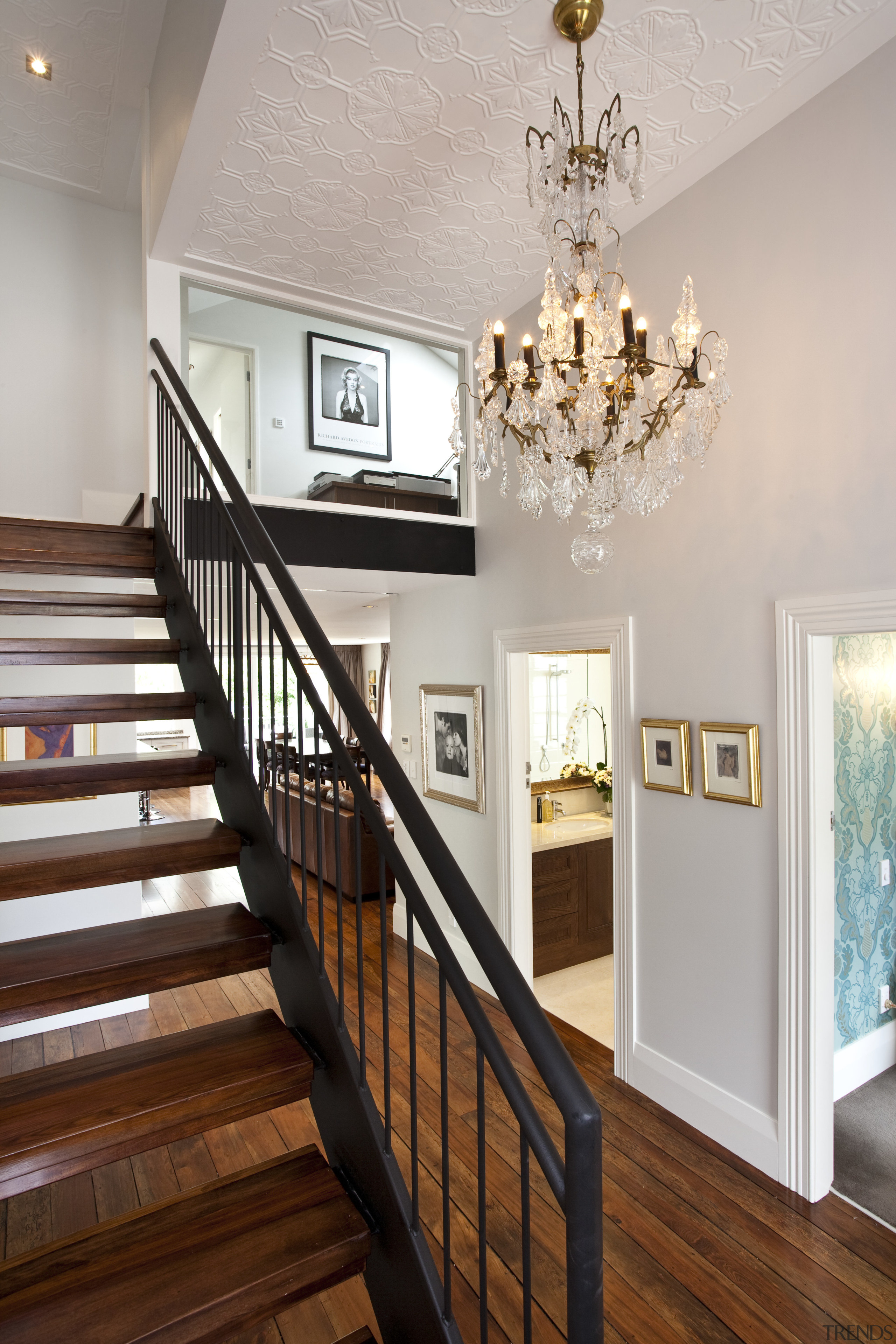 View of the Stairway with chandelier - View baluster, ceiling, dining room, estate, floor, flooring, handrail, hardwood, home, house, interior design, real estate, room, stairs, wall, wood, wood flooring, gray