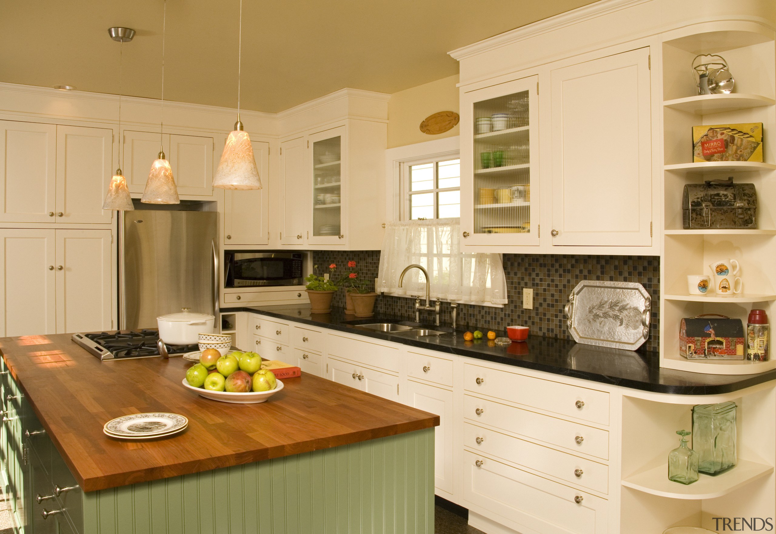 View of remodeled kitchen in a California bungalow, cabinetry, countertop, cuisine classique, home, interior design, kitchen, room, orange, brown