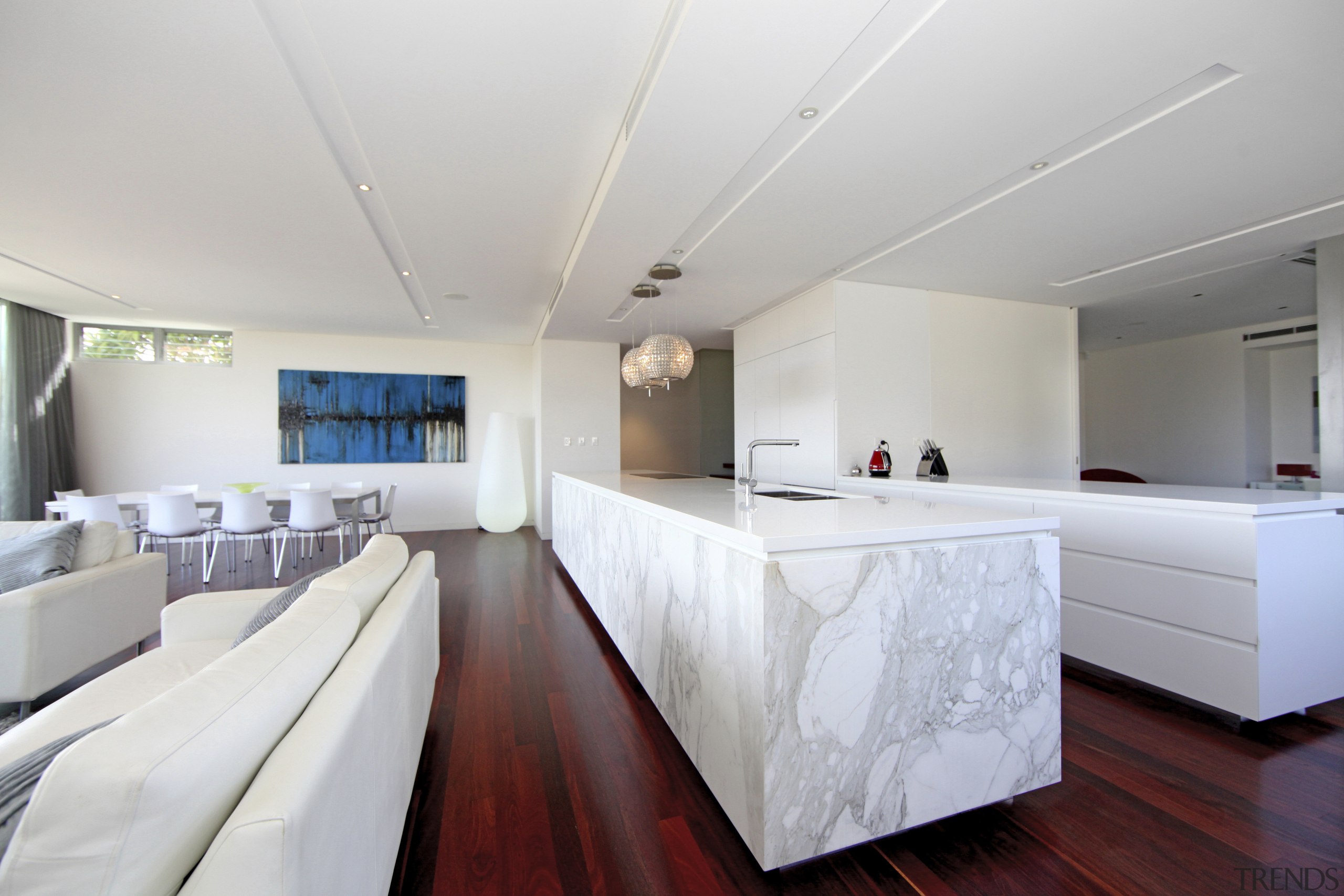 Kitchen with wooden flooring and white cupboards and architecture, ceiling, interior design, real estate, room, gray