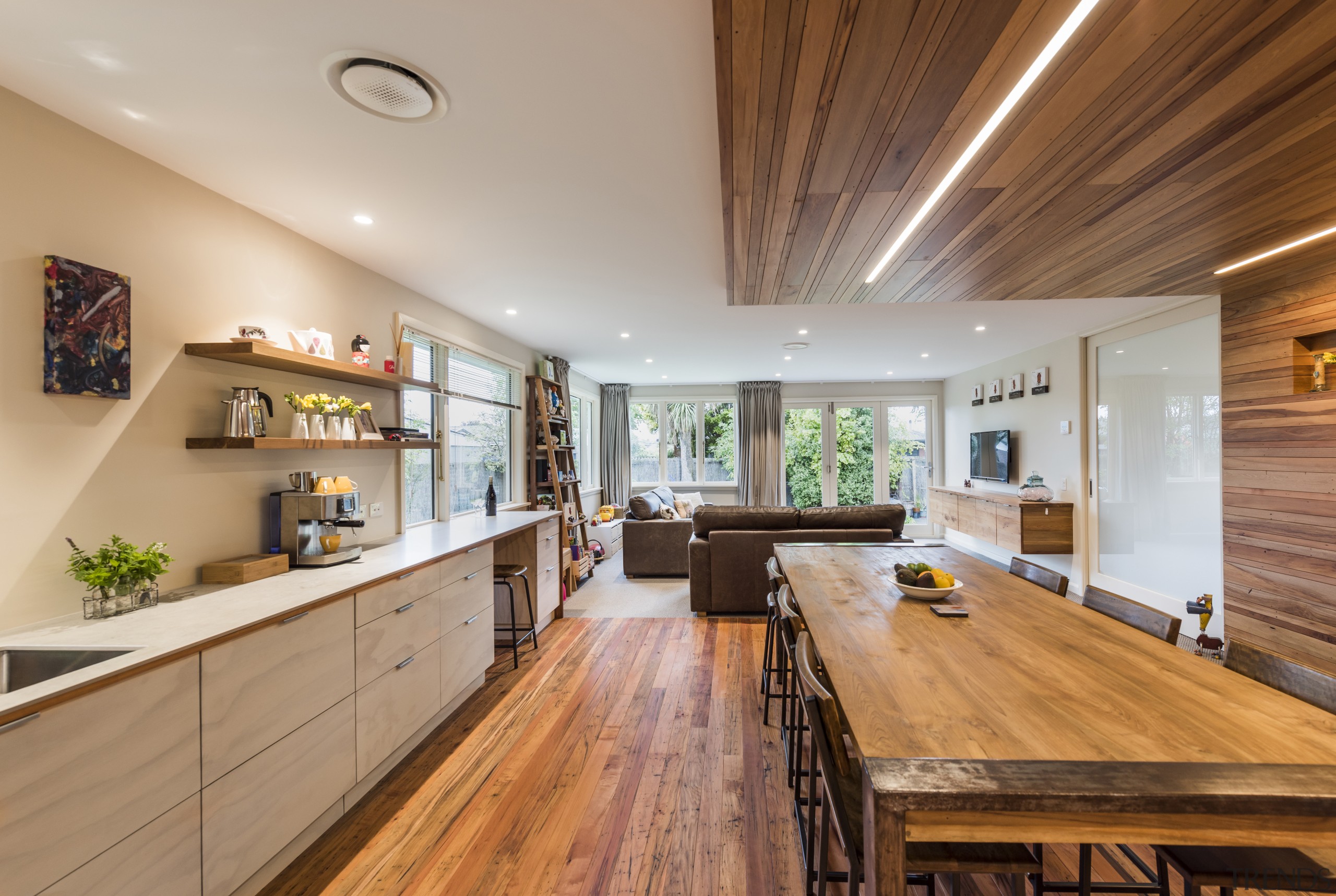 ​​​​​​​This sustainability-conscious home renovation by designer Jason Higham countertop, floor, flooring, hardwood, kitchen, interior design, wood, wood flooring, Higham Architects