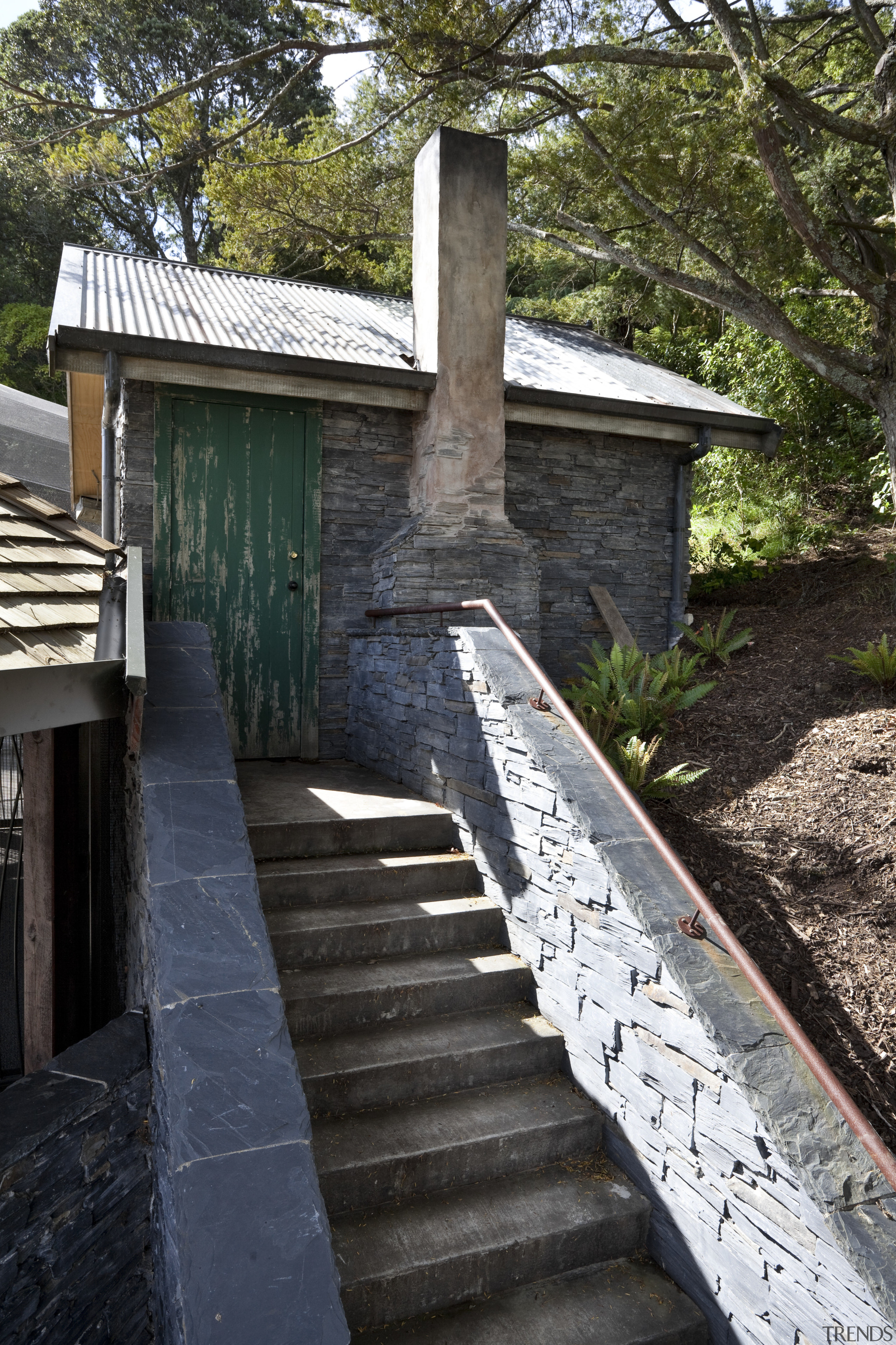 View of stone steps leading to green door architecture, cottage, house, outdoor structure, tree, walkway, wood, black