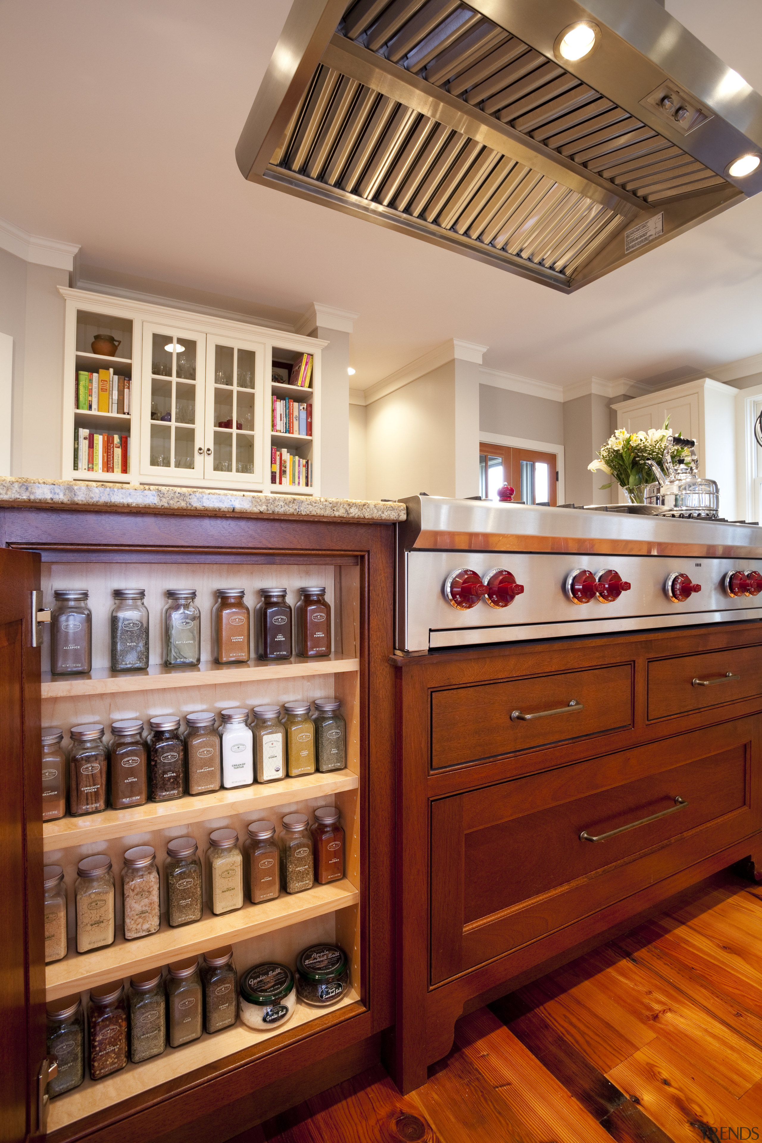 View of liquor cabinet and wooden flooring. - cabinetry, furniture, interior design, kitchen, wood, red