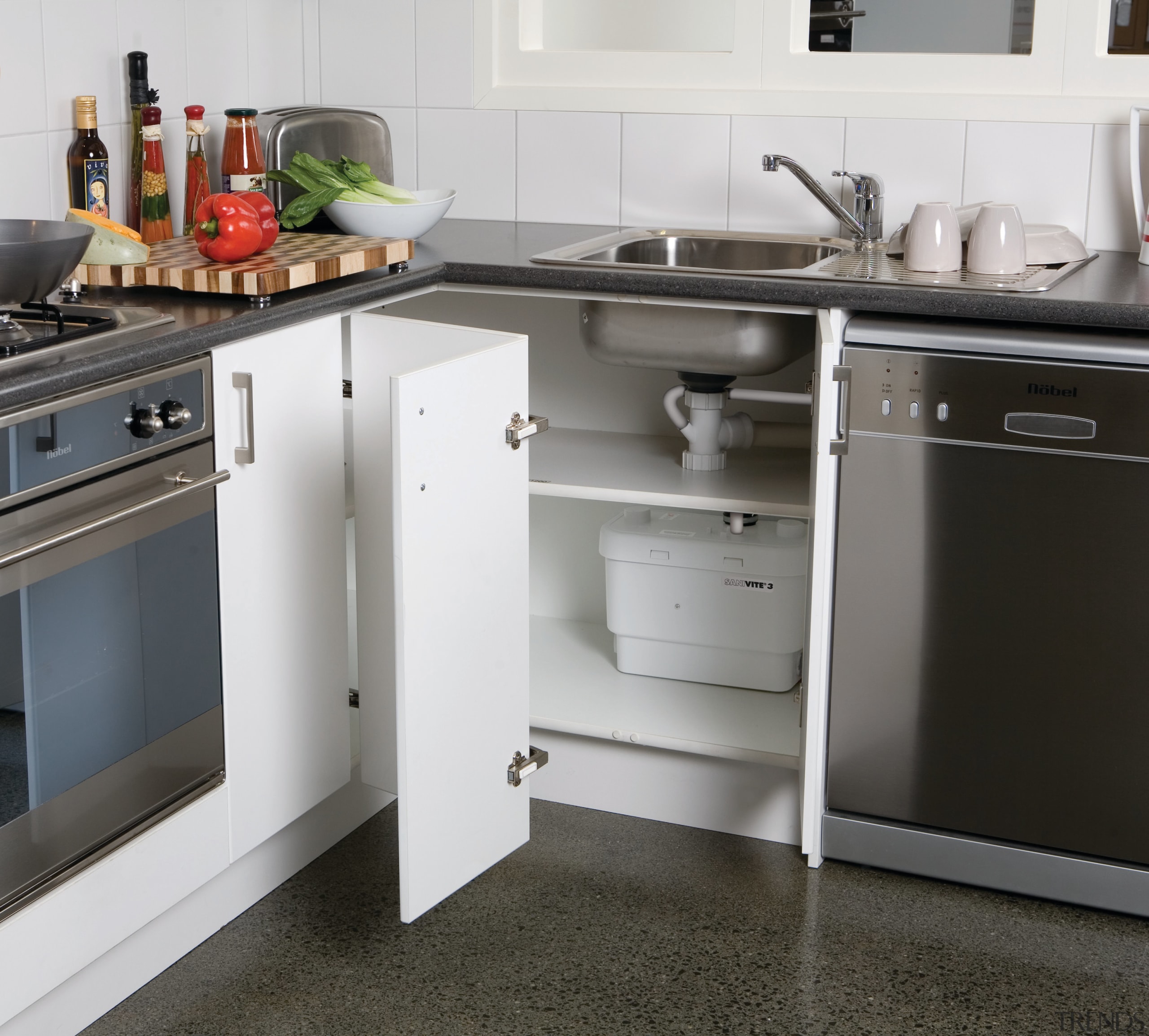 Image of a kitchen which has a macerating countertop, floor, flooring, furniture, home appliance, kitchen, kitchen appliance, kitchen stove, major appliance, white, gray, black