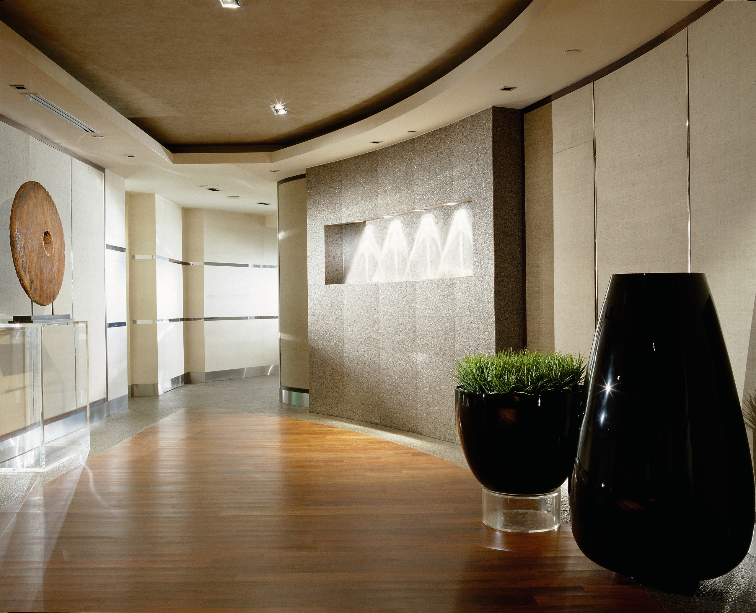 view of the lift lobby of this private ceiling, daylighting, floor, flooring, hardwood, interior design, lobby, room, wall, wood, wood flooring, brown, gray