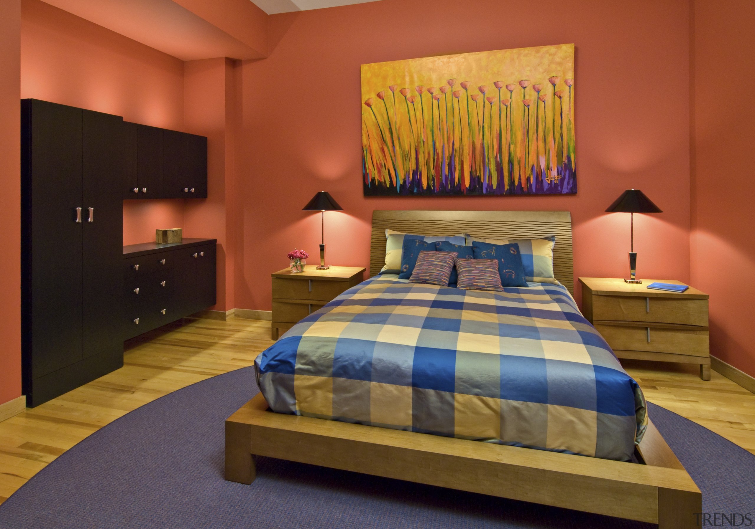 View of bedroom featuring bed with blue and bed, bed frame, bed sheet, bedroom, ceiling, home, interior design, real estate, room, suite, wall, red