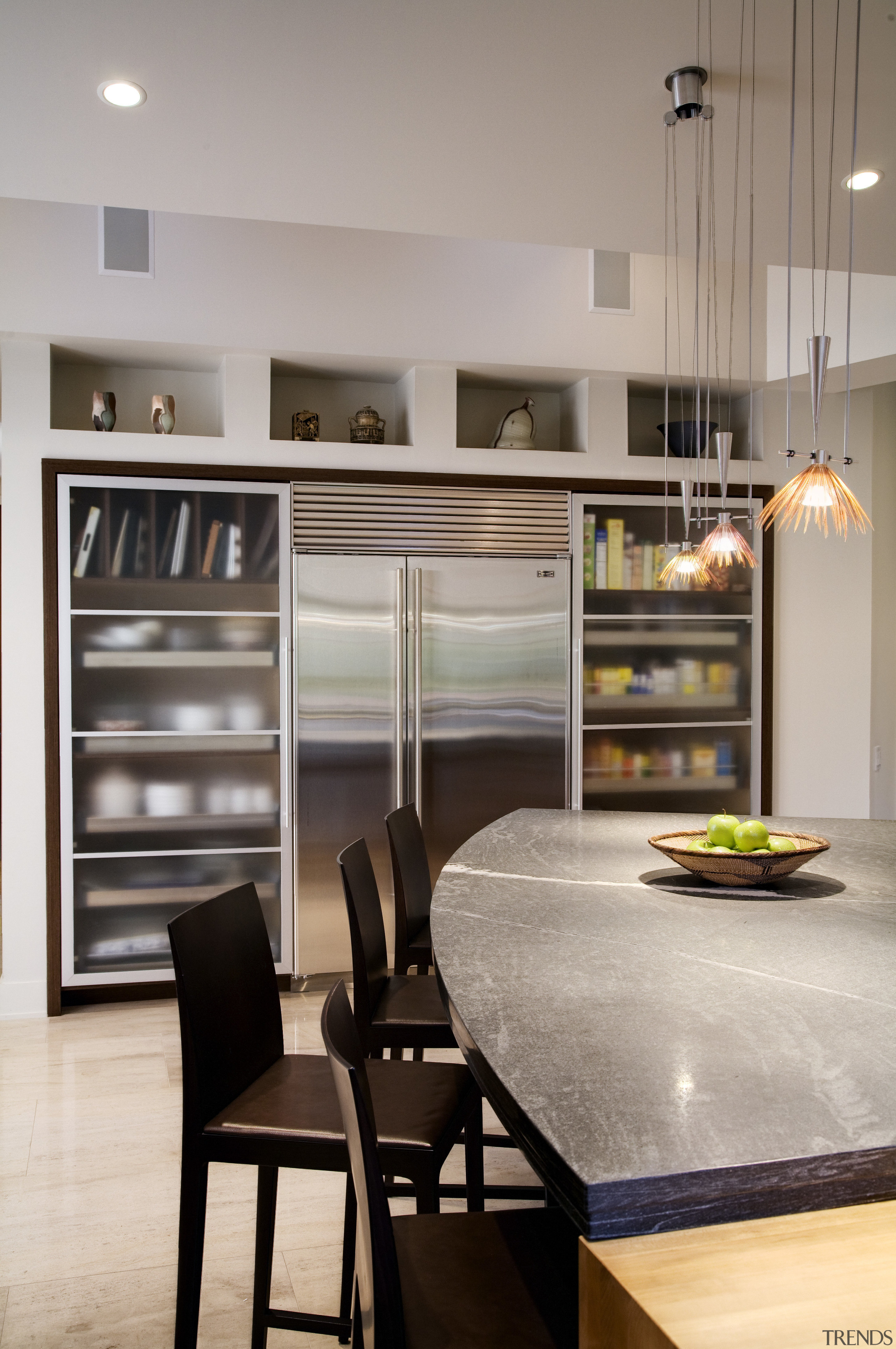 View of kitchen featuring kitchen island with 4 cabinetry, countertop, cuisine classique, interior design, kitchen, room, gray