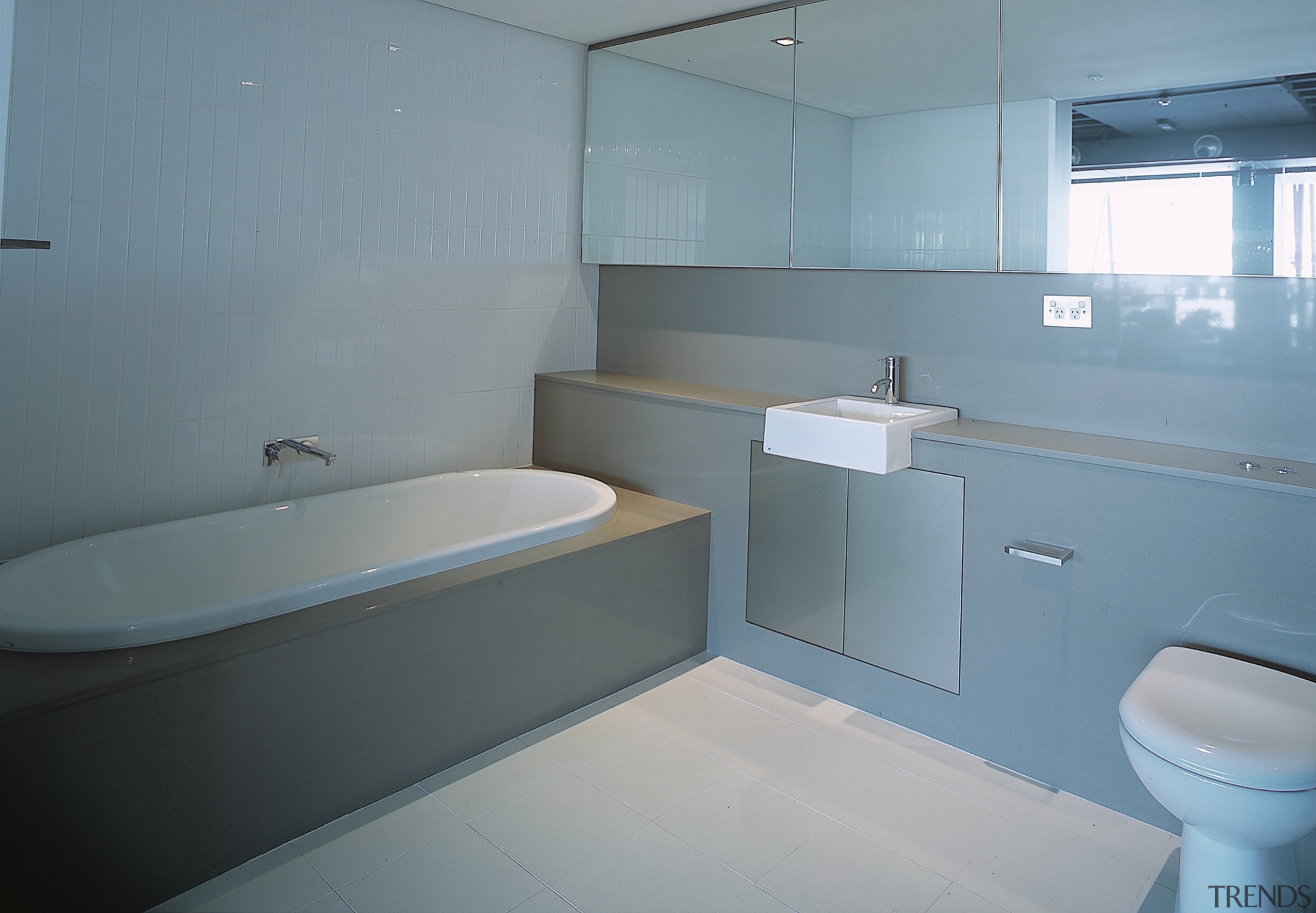 view of bathroom - view of bathroom - architecture, bathroom, floor, plumbing fixture, product design, property, room, sink, toilet seat, gray