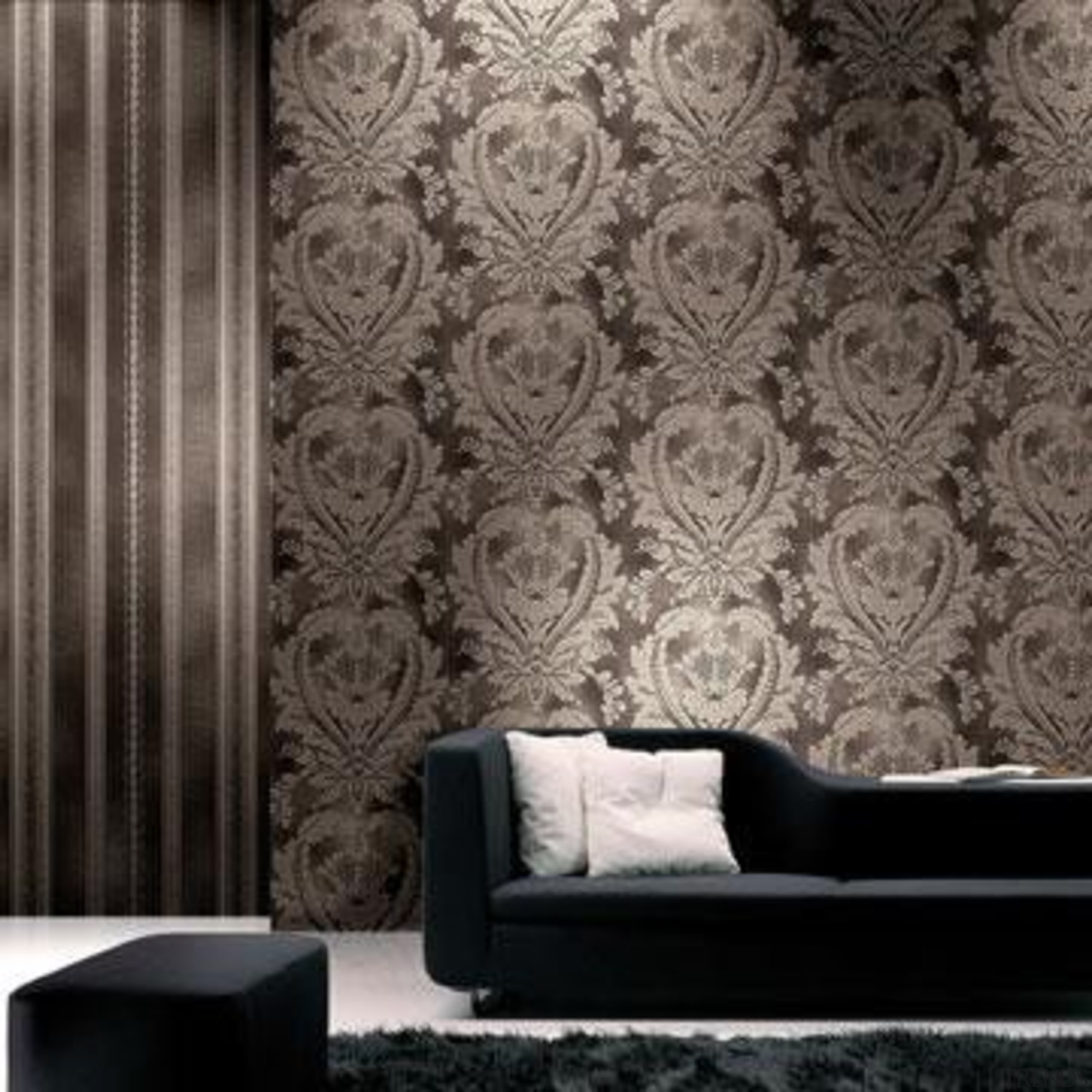 Modern Style Range - black and white | black and white, couch, curtain, decor, interior design, living room, pattern, wall, wallpaper, gray, black