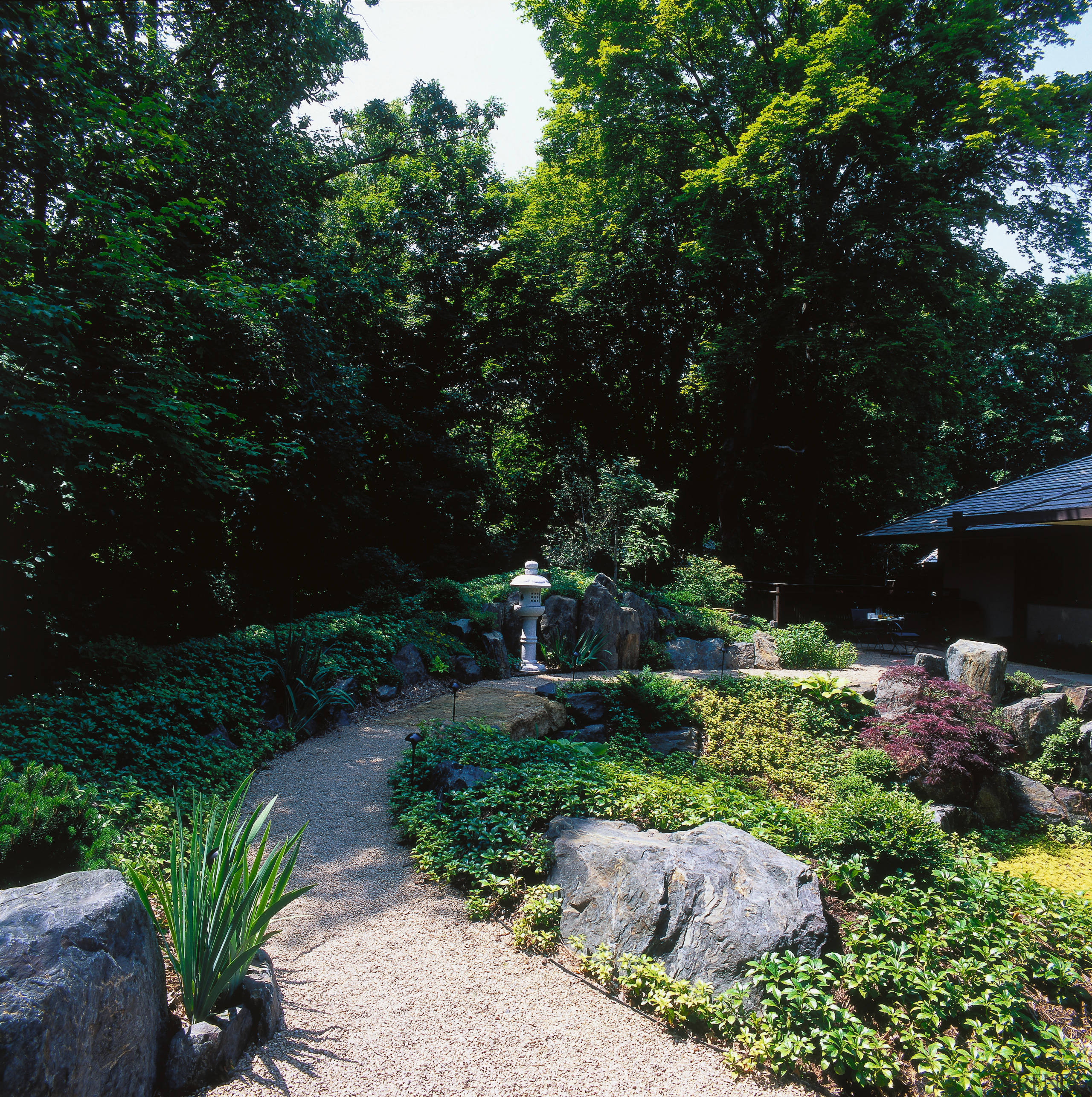 exterior view of this home's garden's &amp; landscaping backyard, botanical garden, estate, garden, grass, landscape, landscaping, leaf, nature, outdoor structure, plant, pond, shrub, tree, vegetation, walkway, water, water feature, yard, black