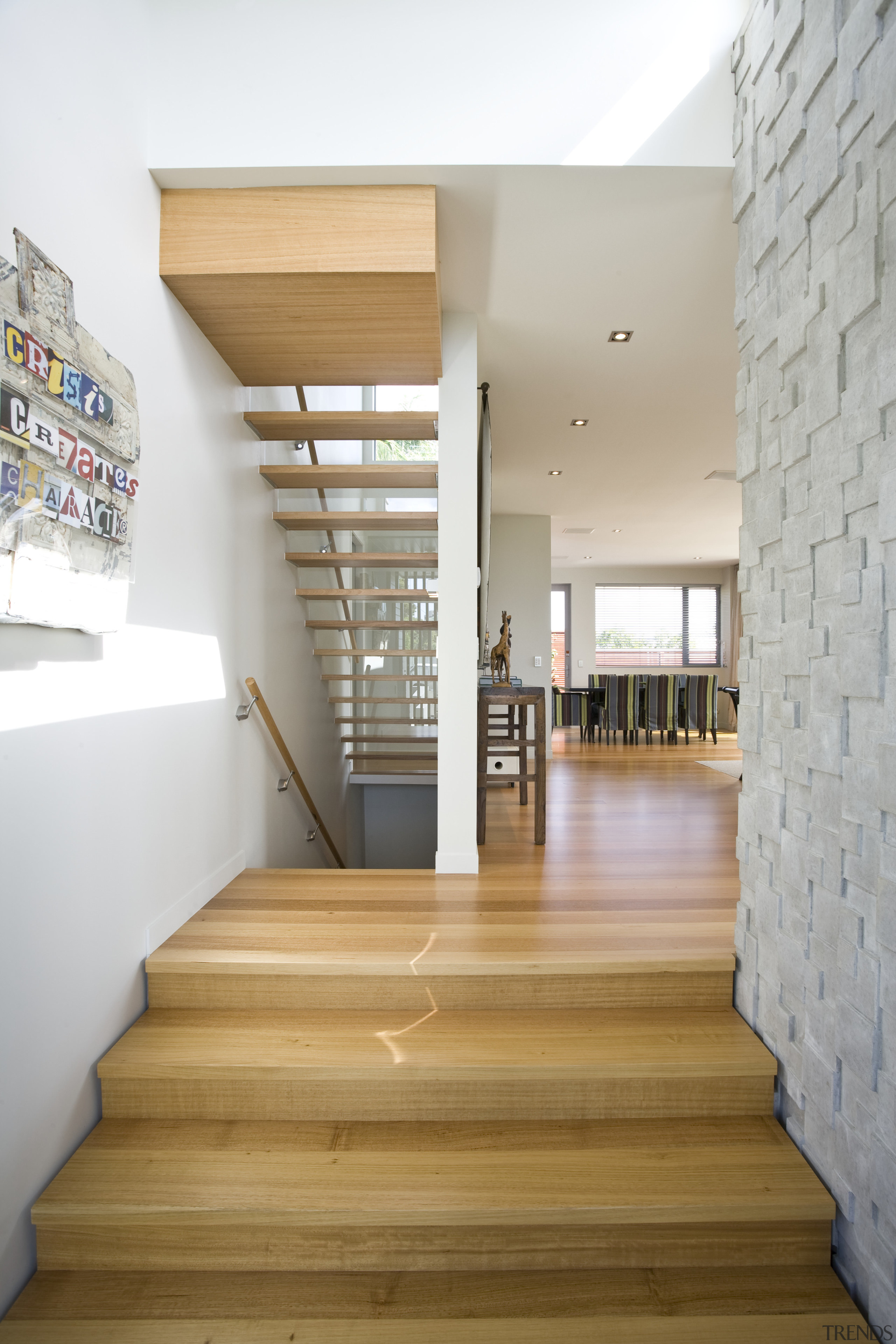 View of multiple stairways, one leading up to apartment, architecture, ceiling, daylighting, floor, flooring, hardwood, home, house, interior design, laminate flooring, loft, real estate, stairs, wood, wood flooring, gray