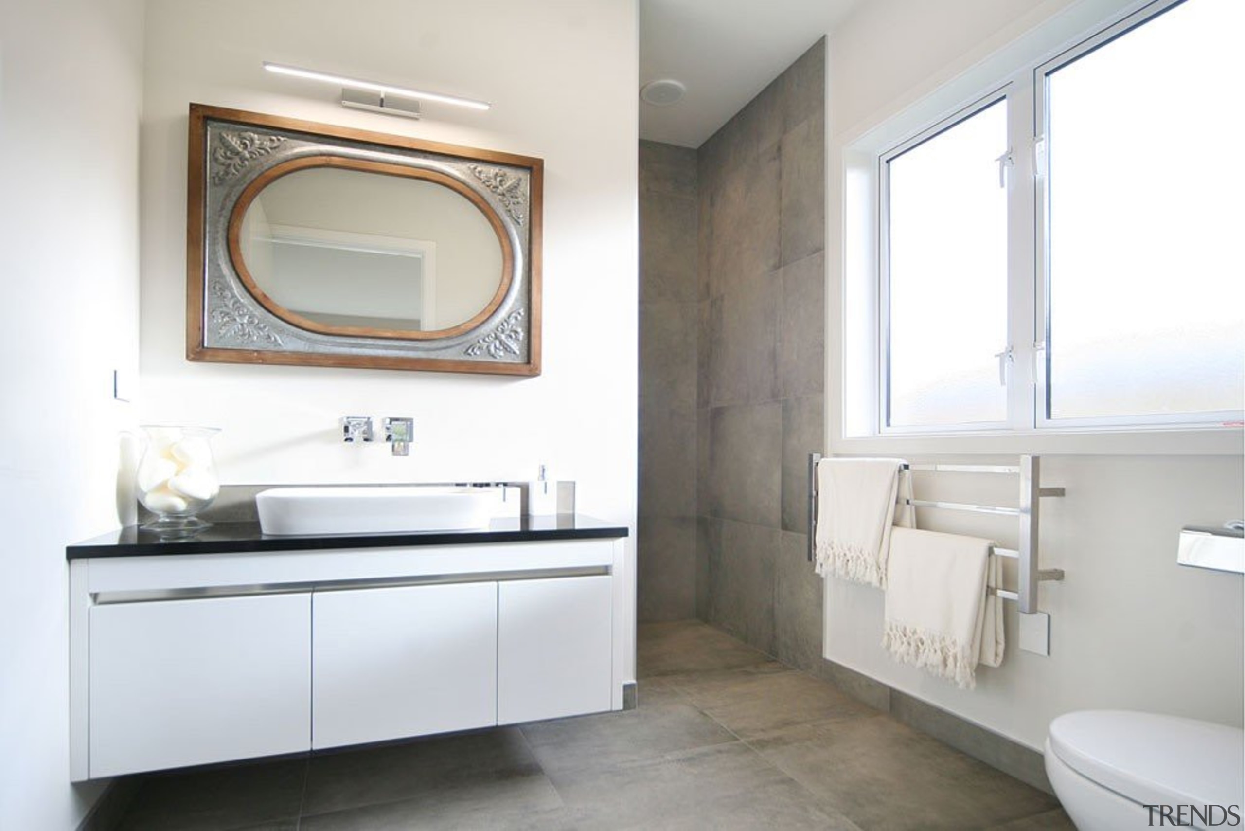 Vanity by Athena (Sirocco Alumino) with Valdama basin. bathroom, bathroom accessory, bathroom cabinet, home, interior design, product design, room, sink, tap, white, gray