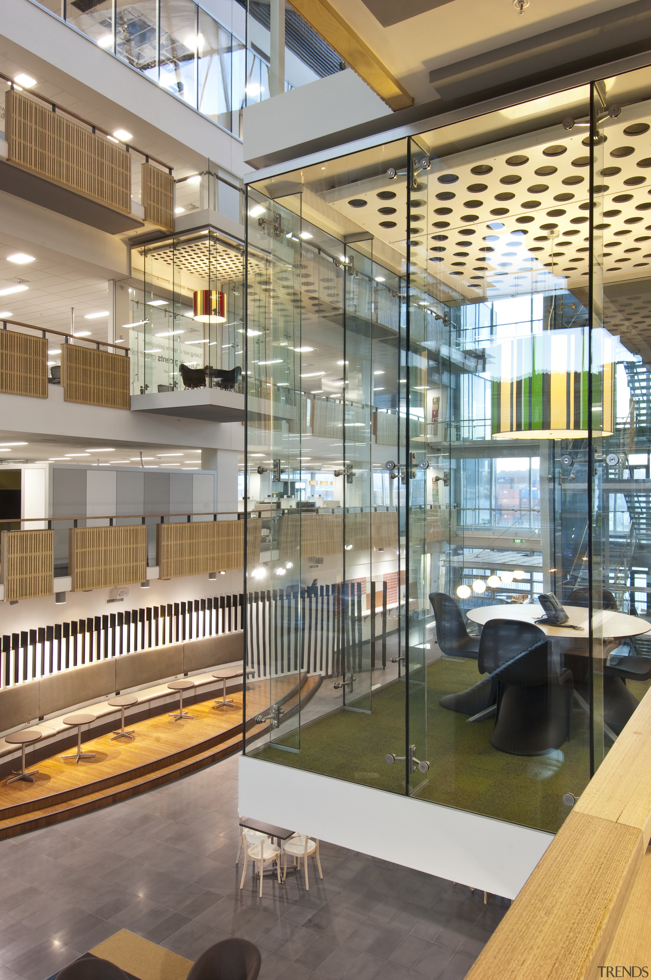 View of the atrium of the new BNZ architecture, condominium, glass, interior design, lobby, gray