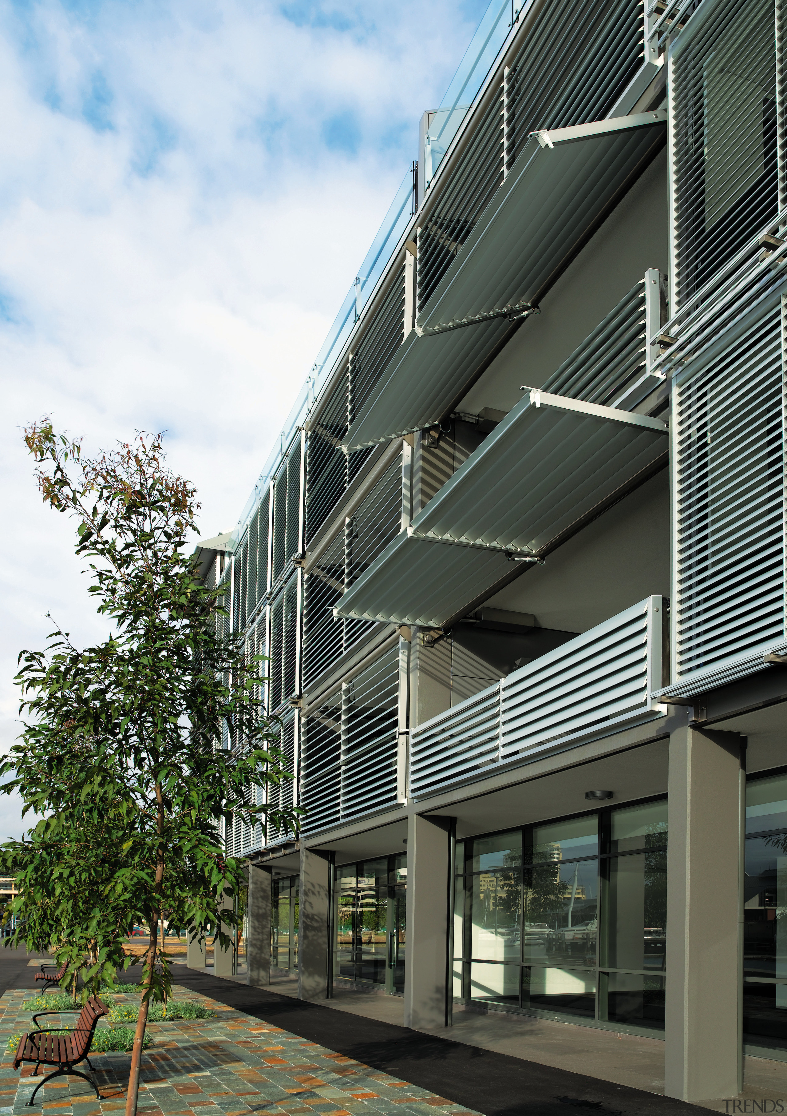 A view of some aluminium louvres by Architectural apartment, architecture, building, commercial building, condominium, corporate headquarters, facade, headquarters, home, house, metropolitan area, mixed use, neighbourhood, real estate, residential area, urban design, black, white