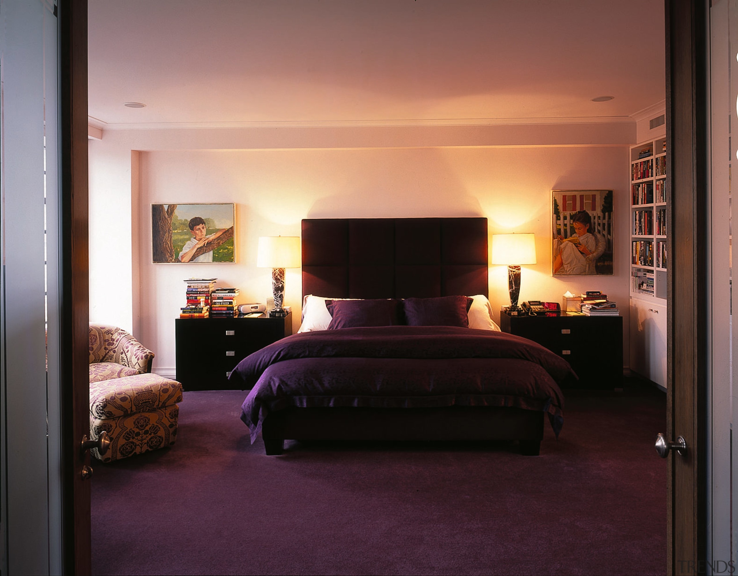 master bedroom where purple tones are a feature. bed, bed frame, bedroom, ceiling, furniture, home, interior design, lighting, room, suite, wall, window, black