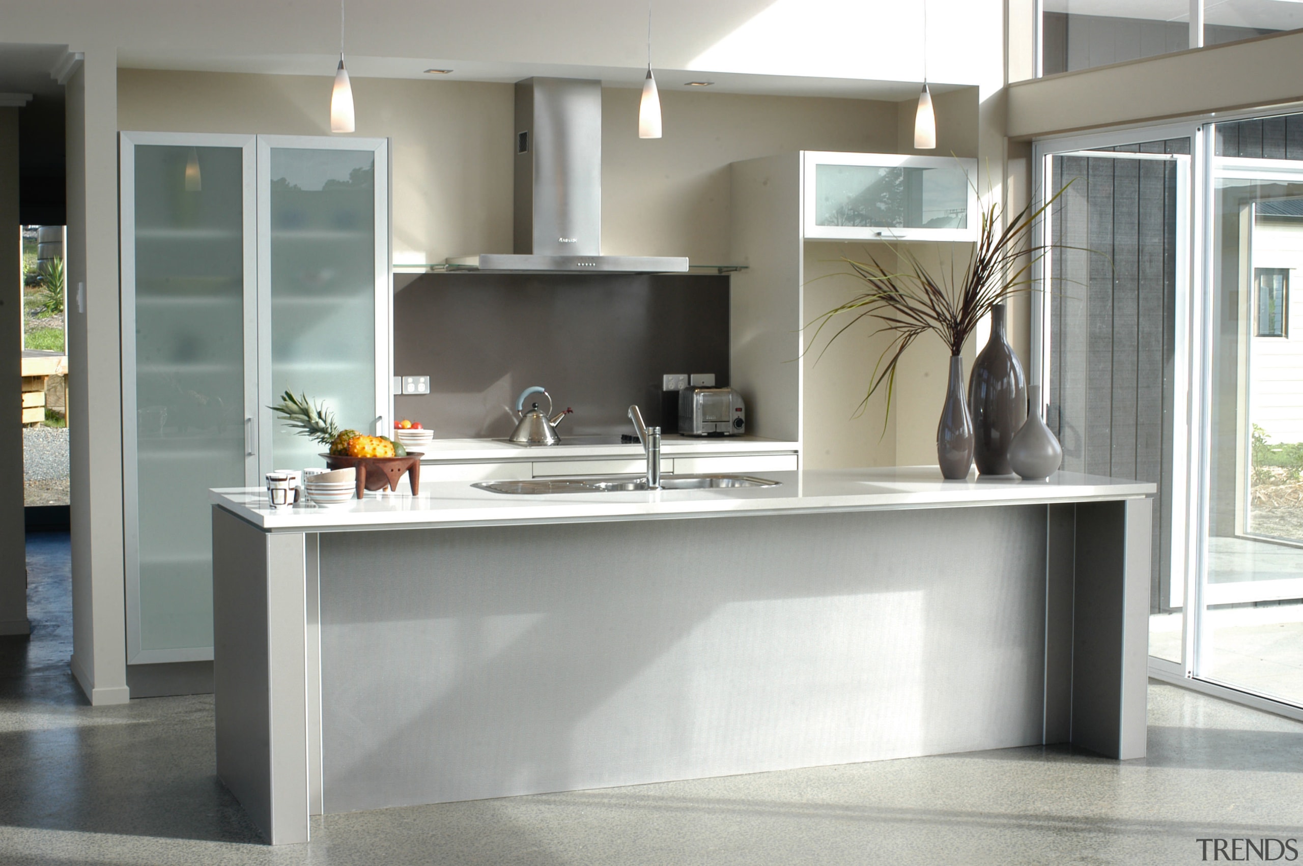 Kitchen with grey laminate cabinetry and light coloured countertop, cuisine classique, furniture, interior design, kitchen, sink, gray, white