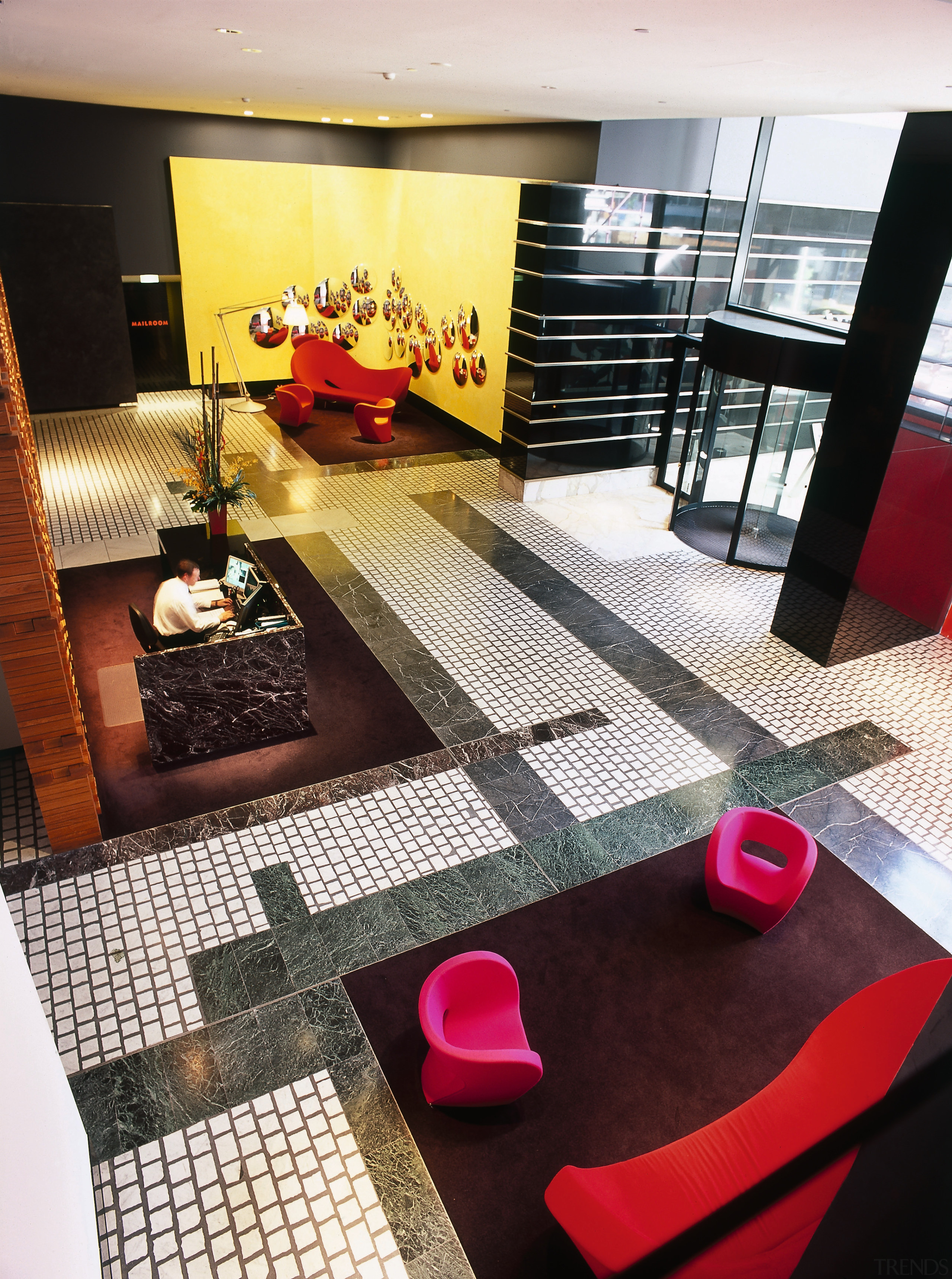 view of the lobby/entrance area of eureka tower architecture, floor, flooring, furniture, interior design, living room, room, table, black, white