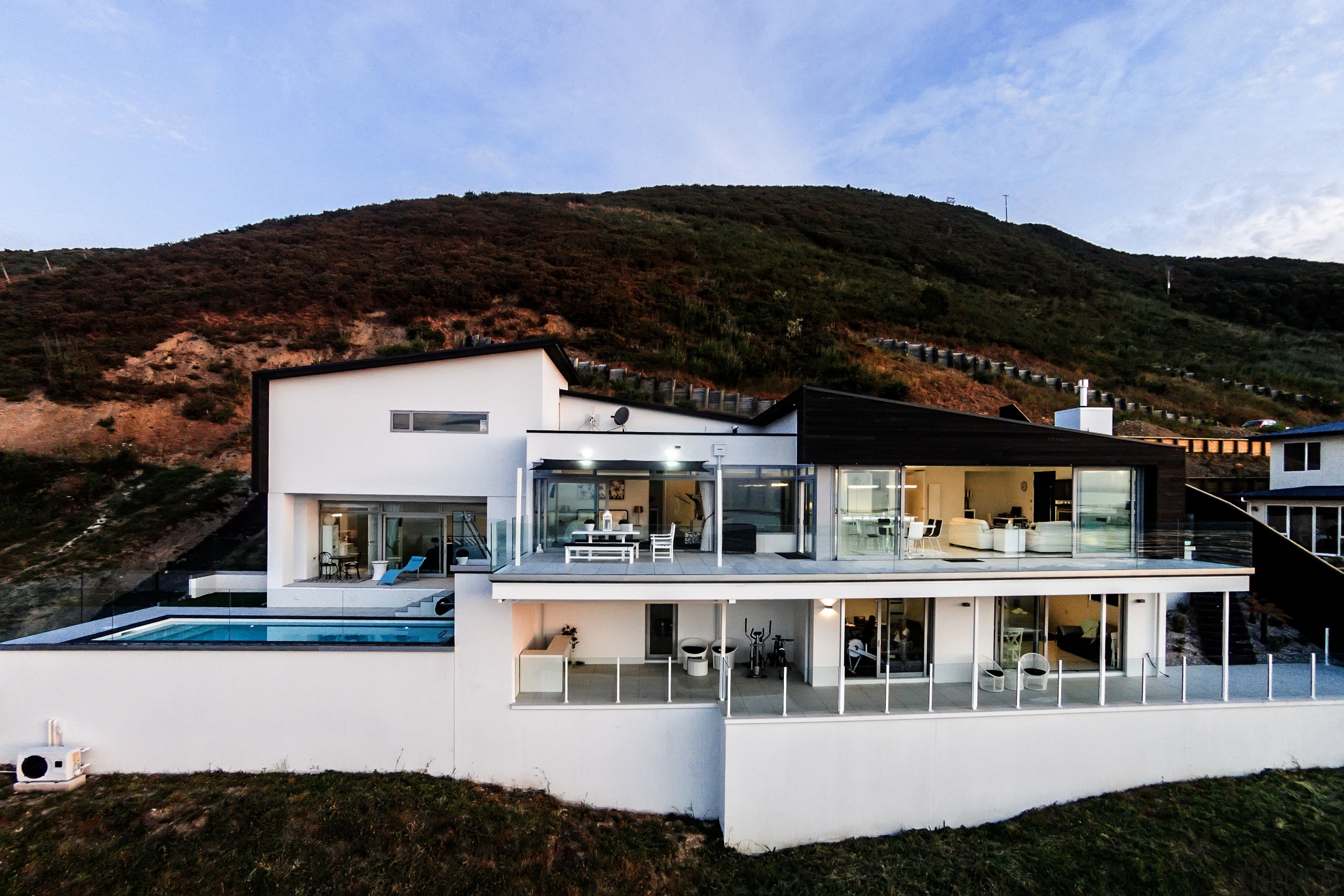 This seaside home by architect Stephan Meijer sits architecture, home, house, property, real estate, villa, black, white