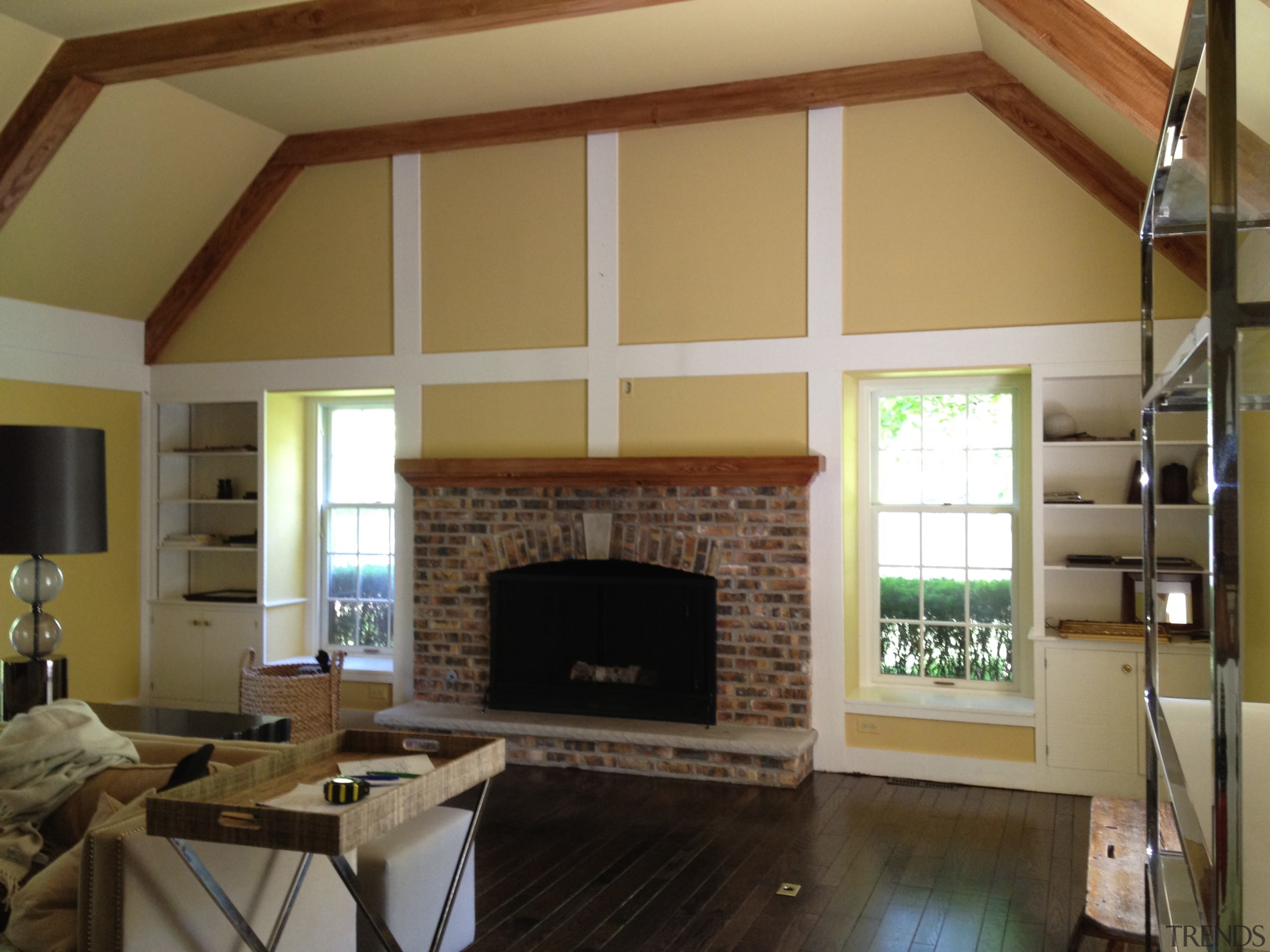 Urban edge  redecoration by Buckingham Interiors - ceiling, fireplace, floor, flooring, hardwood, hearth, interior design, living room, real estate, room, window, window treatment, wood flooring, brown