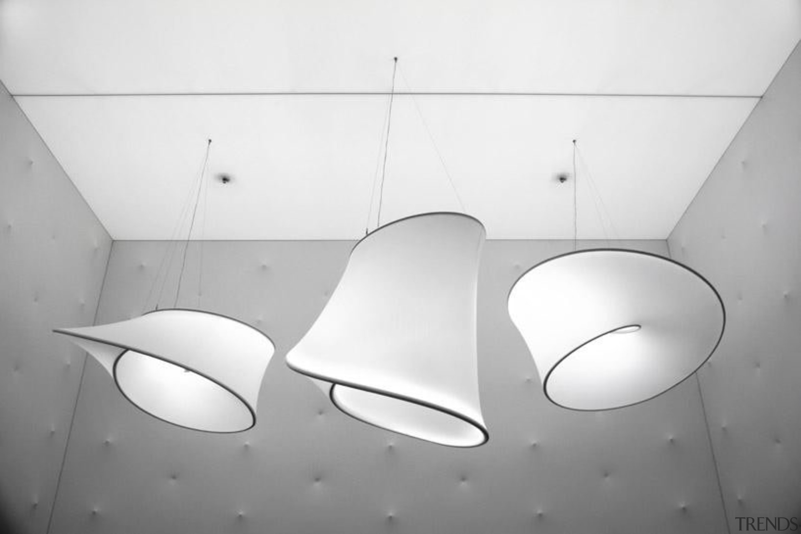 Lighting installation by Ross Lovegrove - Lighting installation angle, black and white, ceiling, design, lamp, light, light fixture, lighting, lighting accessory, line, monochrome, monochrome photography, plumbing fixture, still life photography, white, gray