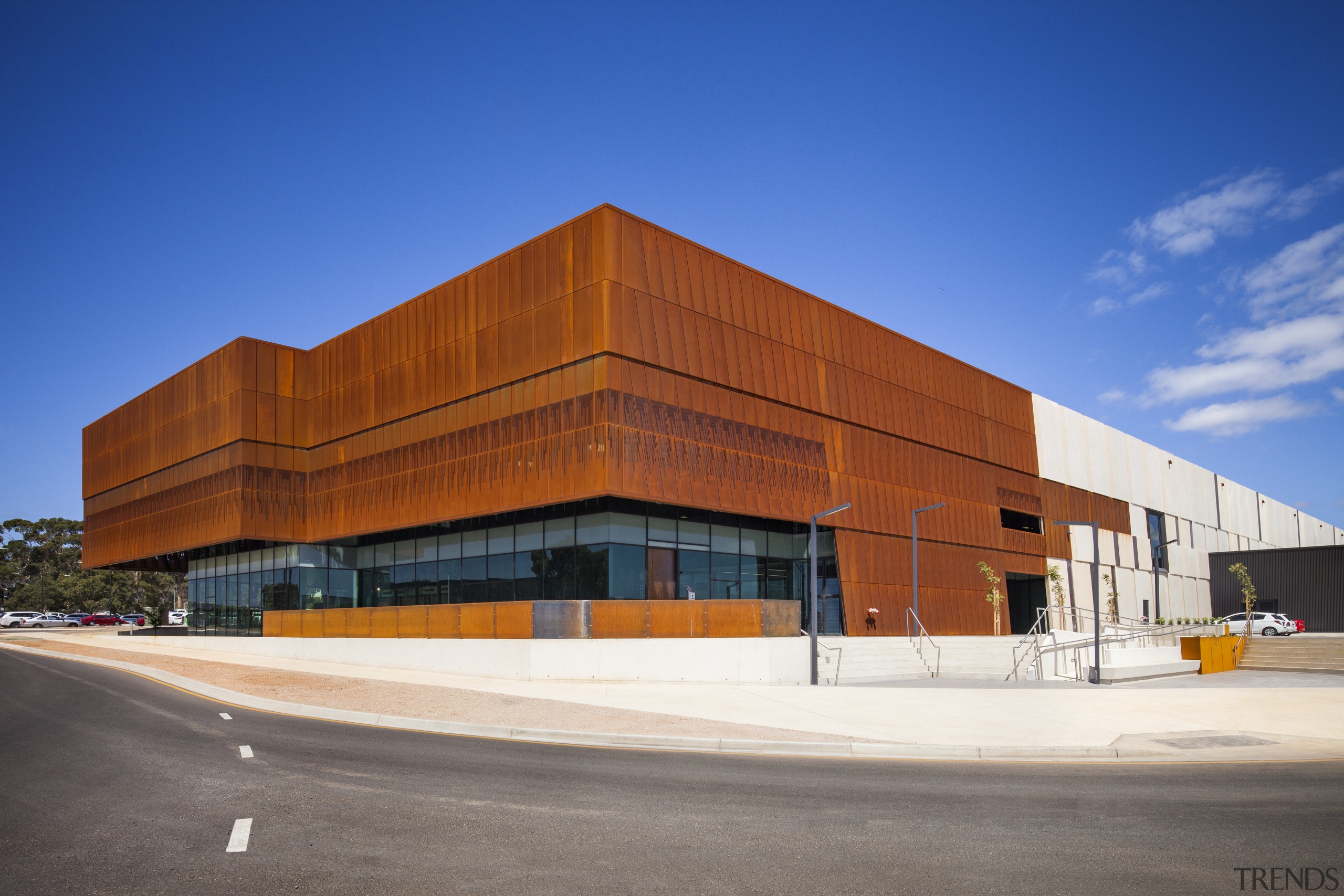 Steel on the new South Australia Drill Core architecture, building, commercial building, corporate headquarters, daytime, facade, headquarters, real estate, residential area, sky, structure, blue