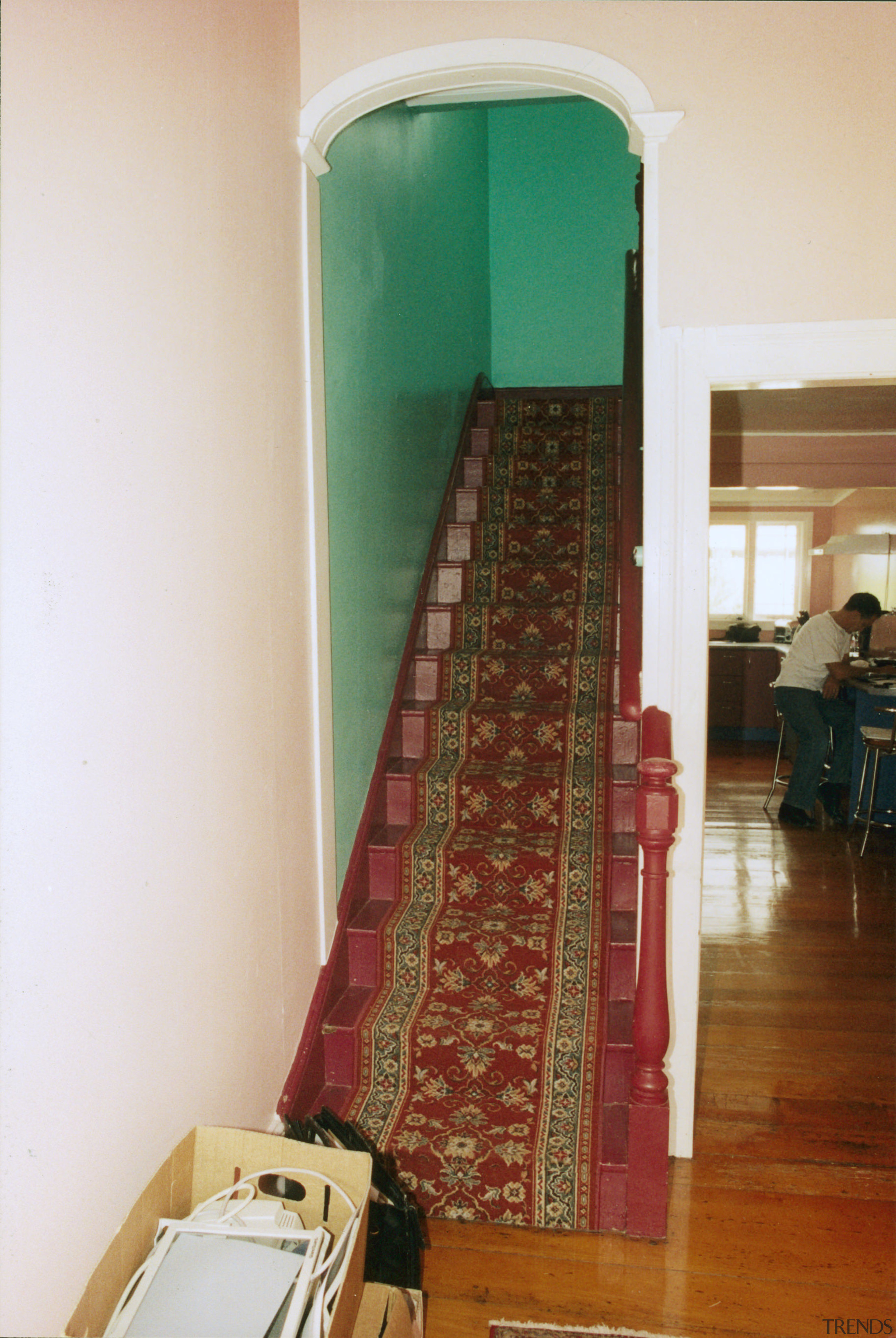 View of this unique stairway - View of door, floor, flooring, furniture, home, interior design, room, stairs, wall, white, brown