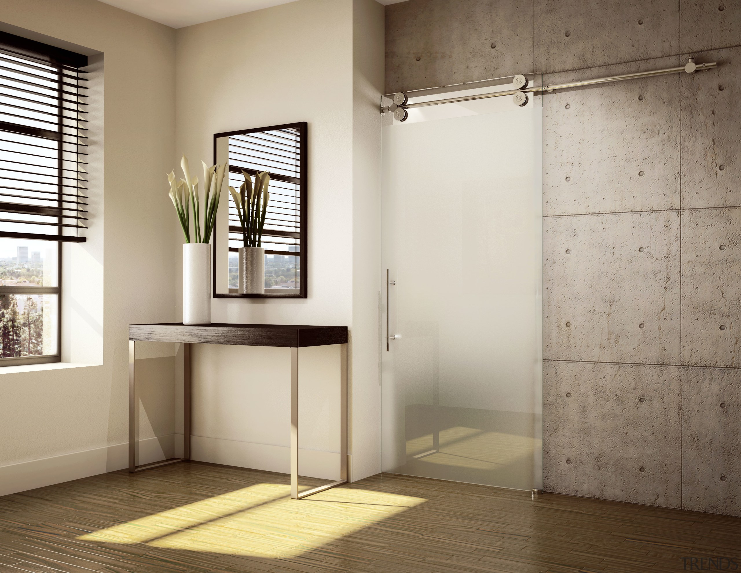 View of a bathroom which features a glass bathroom, door, floor, interior design, plumbing fixture, tap, gray, brown