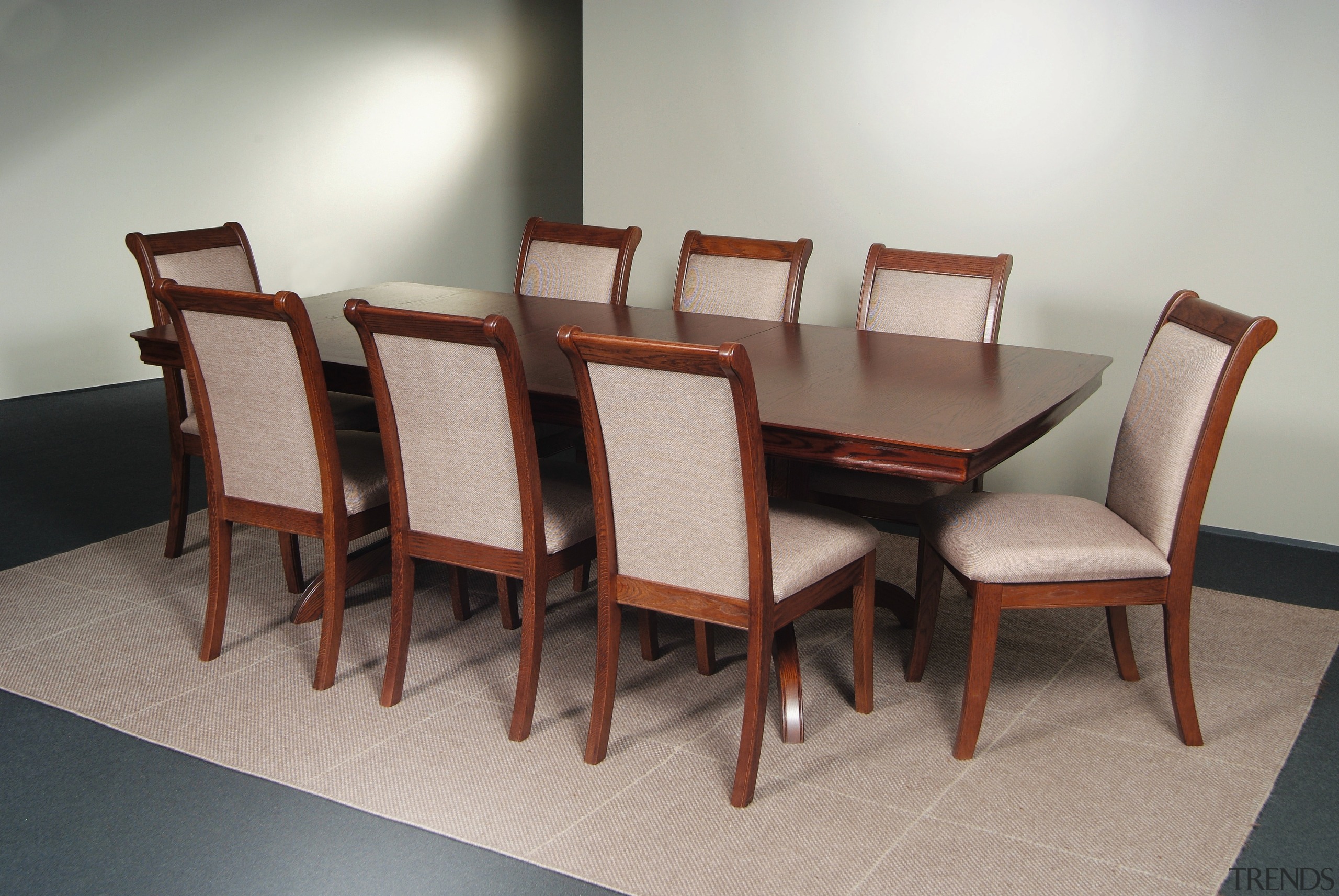 Dining suite with oak finish and cream upholstery. chair, dining room, furniture, product design, table, wood, gray