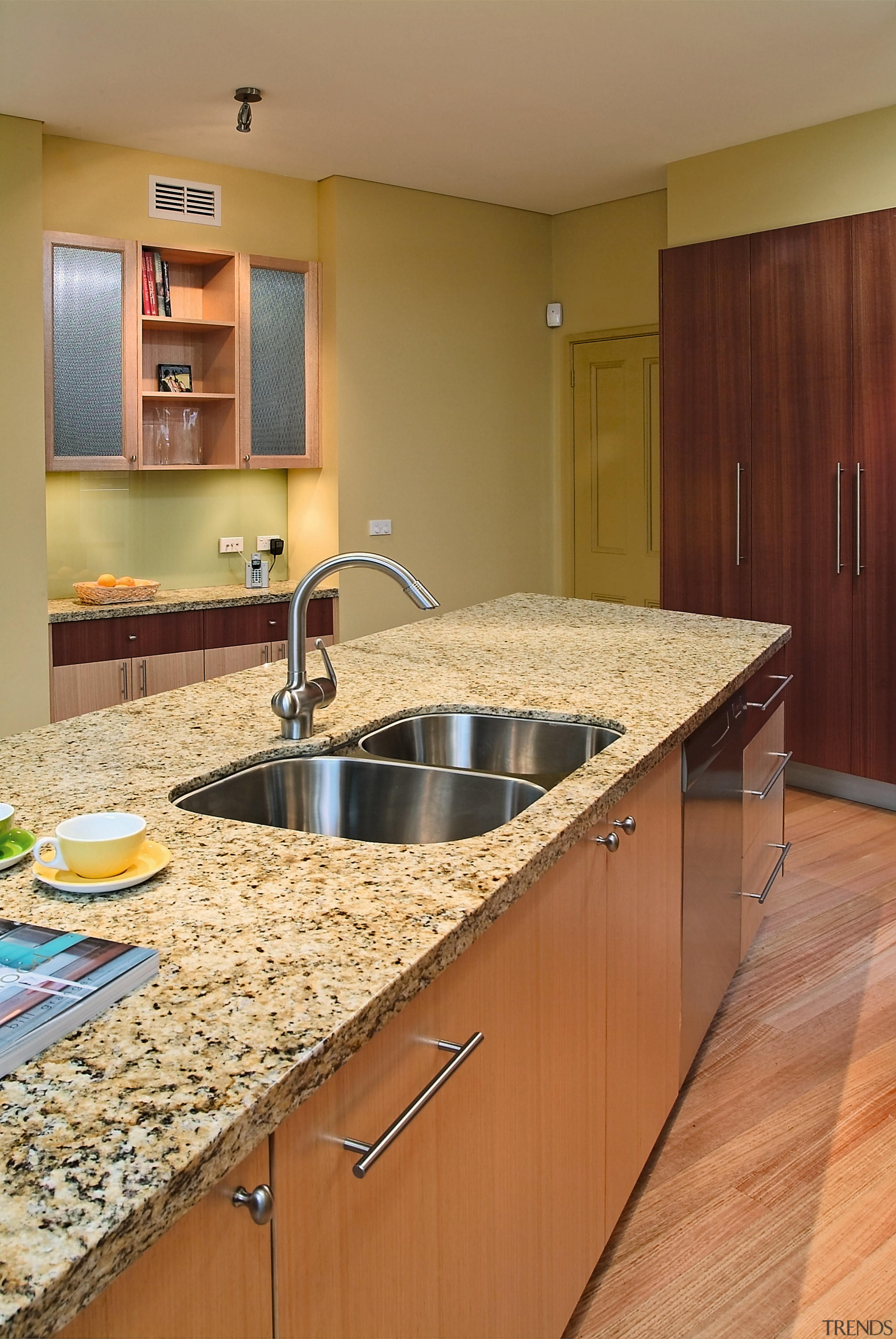 view of the giallo topazio granite benchtop - cabinetry, countertop, floor, flooring, hardwood, interior design, kitchen, room, brown, orange